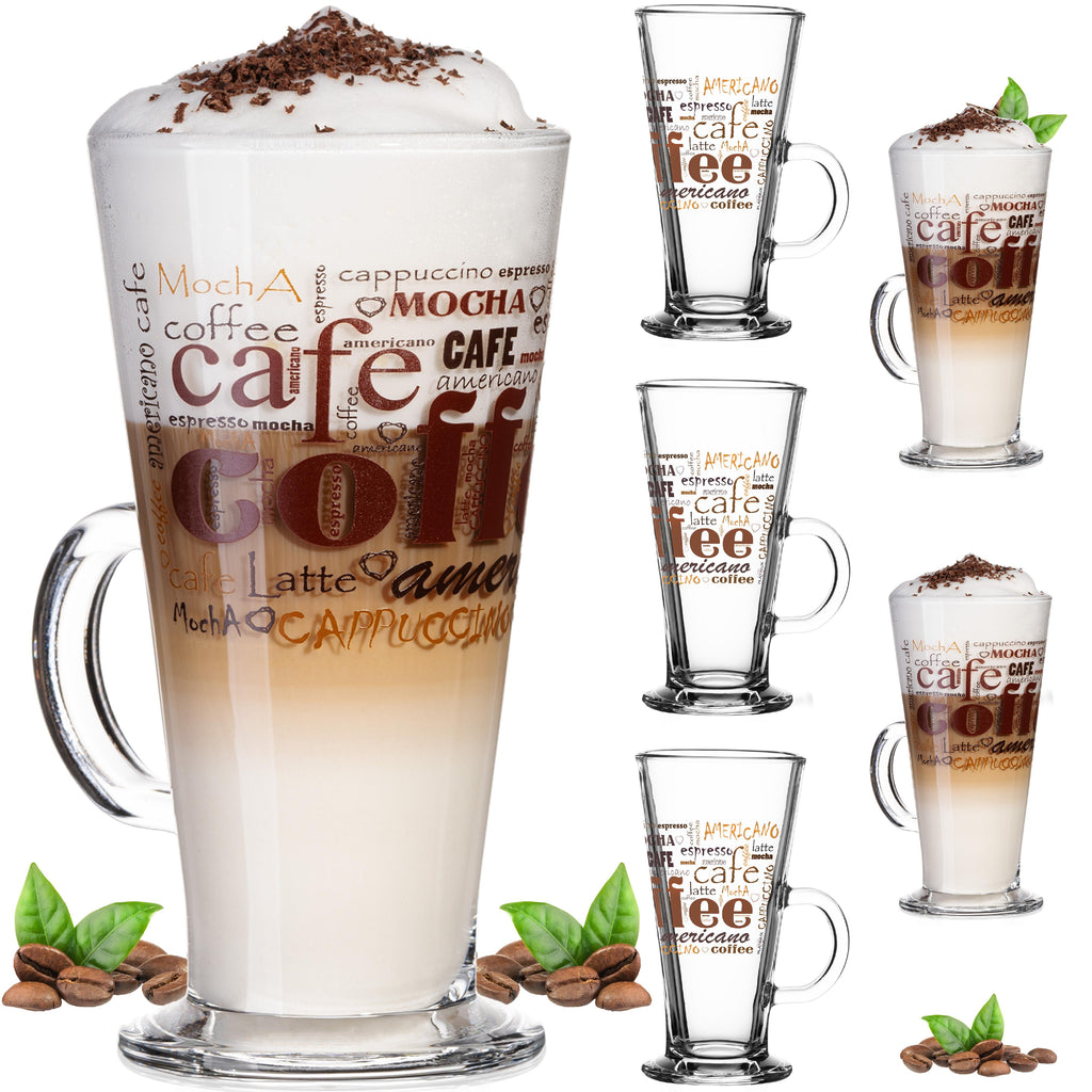 PLATINUM Szklanki do kawy z motywem maks. 280ml zestaw 6 sztuk szklanych szklanek do Latte Macchiato z uchwytem szklanki do Cappuccino