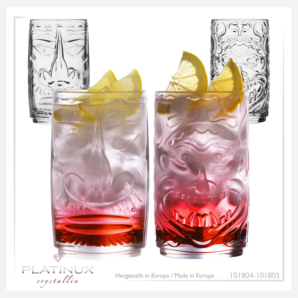 PLATINUX Tiki Zestaw 4 szklanek, szklane 350ml (maks. 450ml) 2 twarze, do koktajli, do napojów