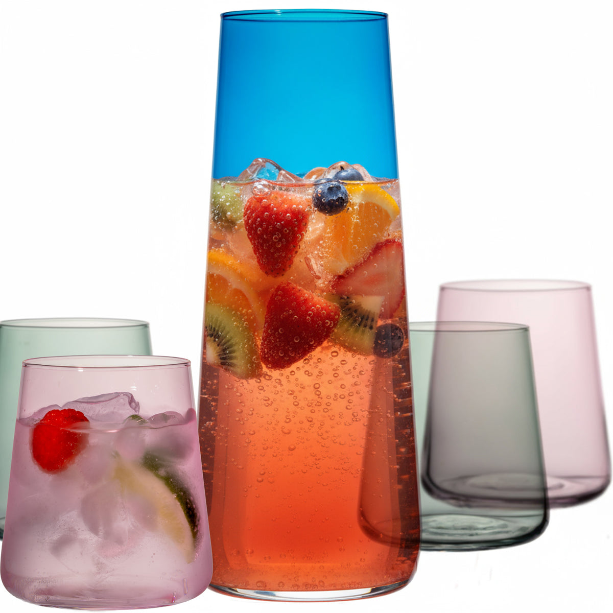 IMPERIAL glass Blaue Wasserkaraffe Set mit 4 farbigen Trinkgläsern aus Crystalline Glas 5-teilig
