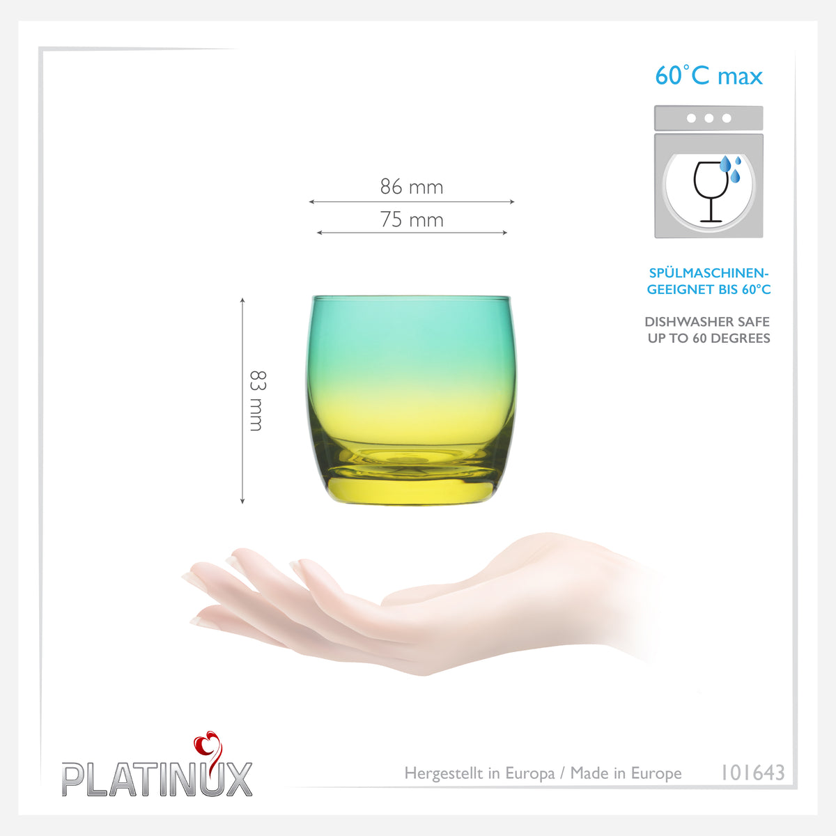 PLATINUX Szklanki do picia zielono-żółte, szklane, kolorowe, zestaw 6 sztuk 200ml (maks. 320ml), szklanki na wodę