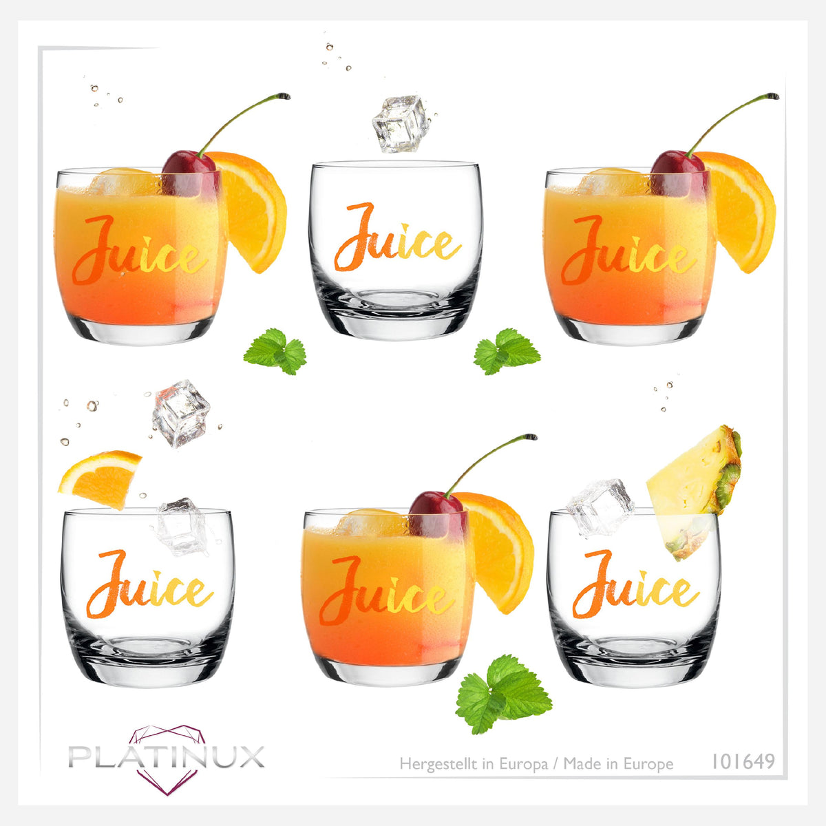 PLATINUX Eleganckie szklanki z nadrukiem soku 260ml (max. 310ml) Zestaw 6-częściowy szklany