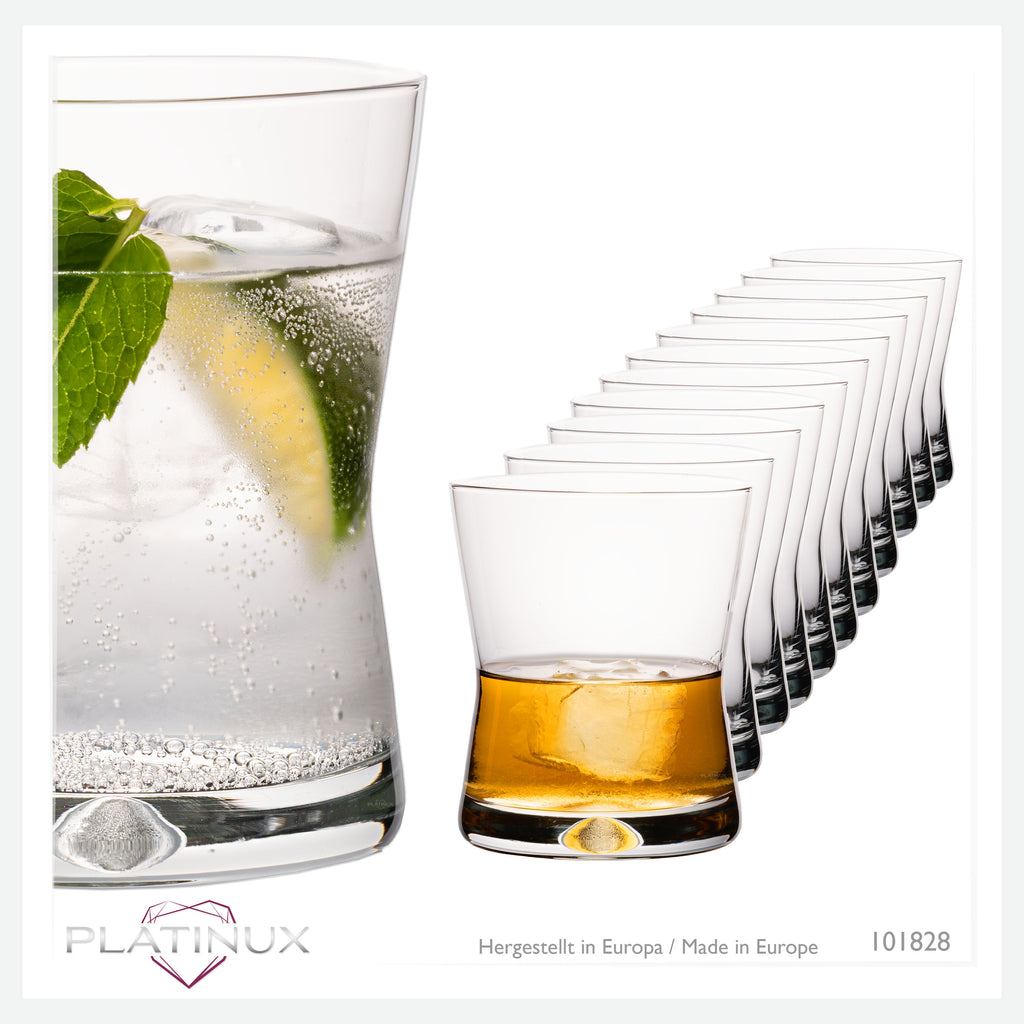 Szklanki do picia PLATINUX 290ml w kształcie litery X, zestaw 12 sztuk, szklanki do whisky ze szkła z serii „CrossLine”, można myć w zmywarce