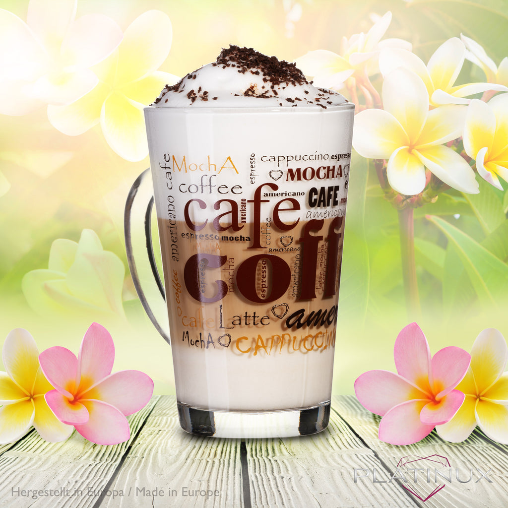 PLATINUM Szklanki do kawy z motywem maks. 350ml, zestaw 3-częściowy, szklanki ze szkła do Latte Macchiato z uchwytem, szklanki do Cappuccino
