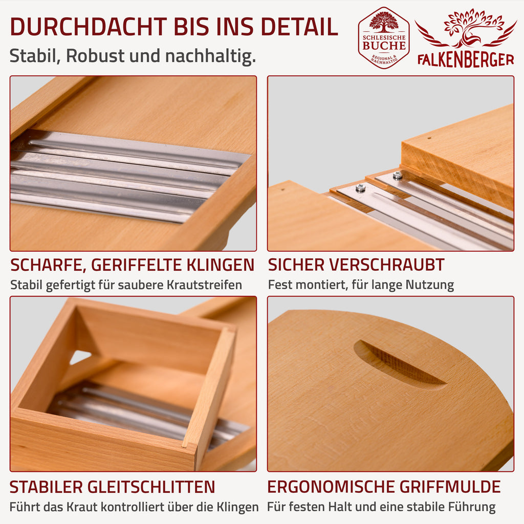 FALKENBERGER Krauthobel L massive Buche, Maße 56 × 19 × 3,5 cm Handgefertigt