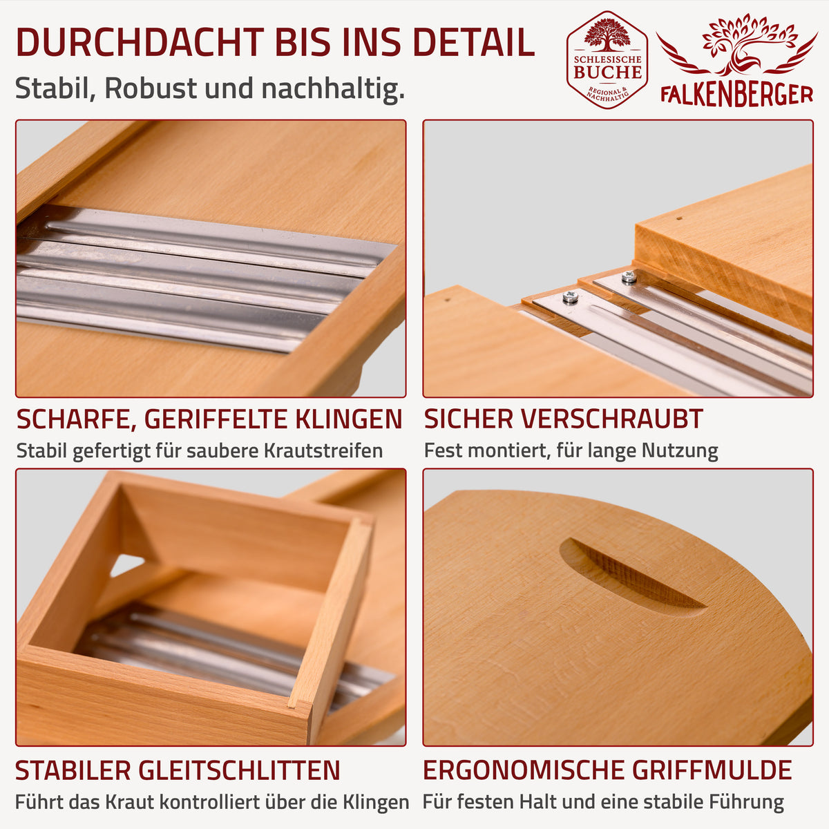 FALKENBERGER Krauthobel L massive Buche, Maße 56 × 19 × 3,5 cm Handgefertigt