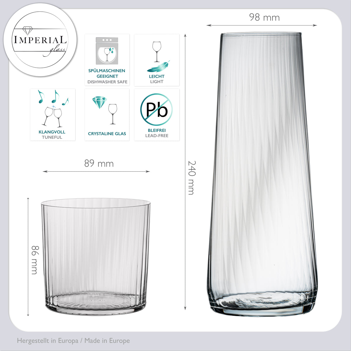 IMPERIAL Karaffe mit 4 Trinkgläsern geriffelt - 1240ml und 350ml aus Crystalline Glas "London" Spülmaschinengeeignet