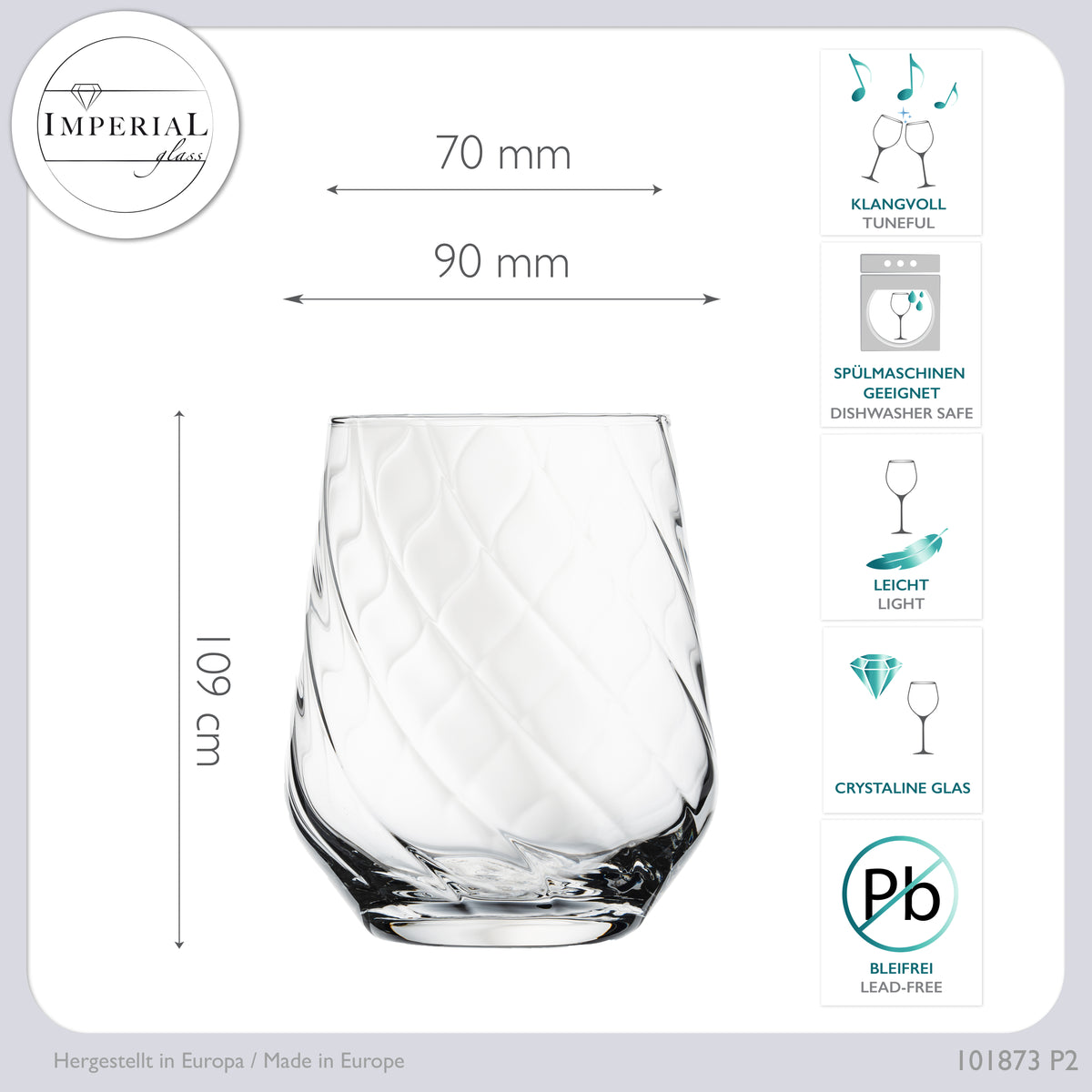 IMPERIAL Ribbed Whiskey Glasses Set of 2 430 ml Crystalline Glass Dishwasher Safe