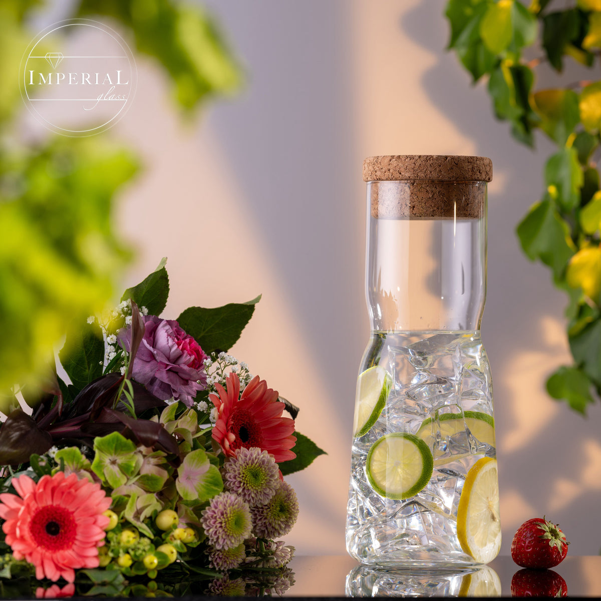 IMPERIAL glass Karafka szklana 1L ze szkła krystalicznego z korkową pokrywką w kształcie X, zestaw 2 sztuki, można myć w zmywarce