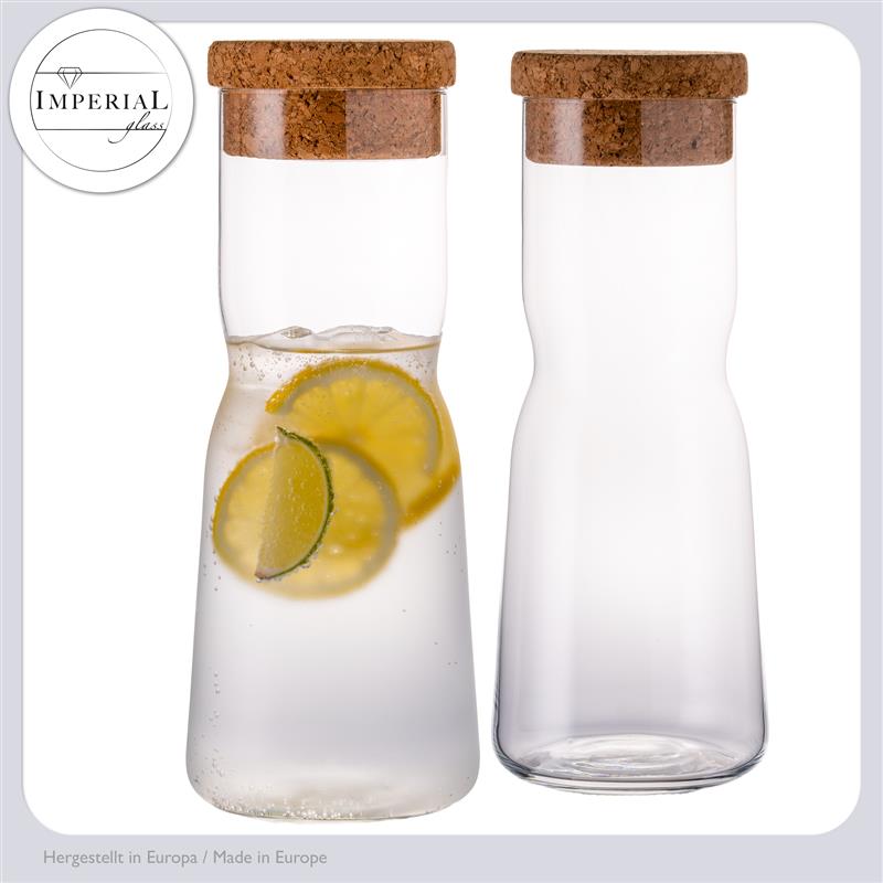 IMPERIAL glass Karafka szklana 1L ze szkła krystalicznego z korkową pokrywką w kształcie X, zestaw 2 sztuki, można myć w zmywarce