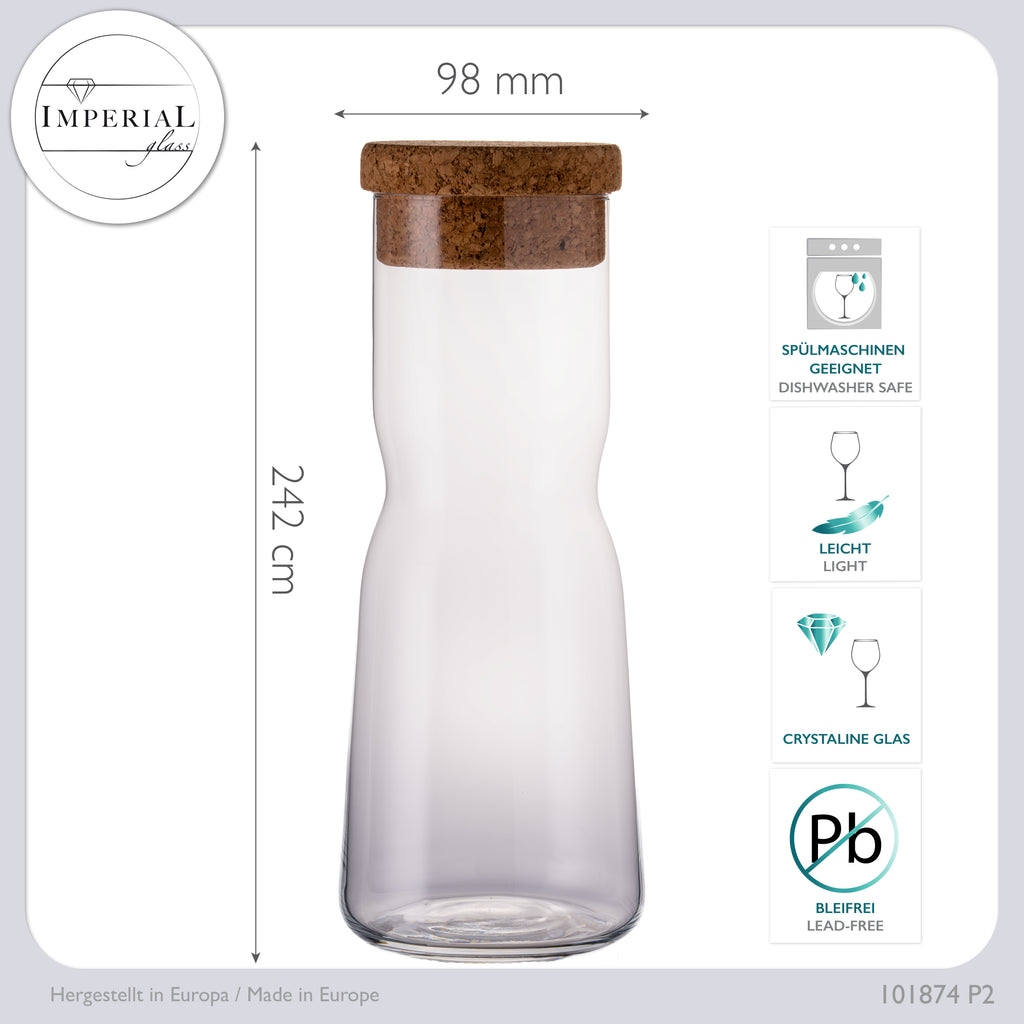 IMPERIAL glass Karafka szklana 1L ze szkła krystalicznego z korkową pokrywką w kształcie X, zestaw 2 sztuki, można myć w zmywarce