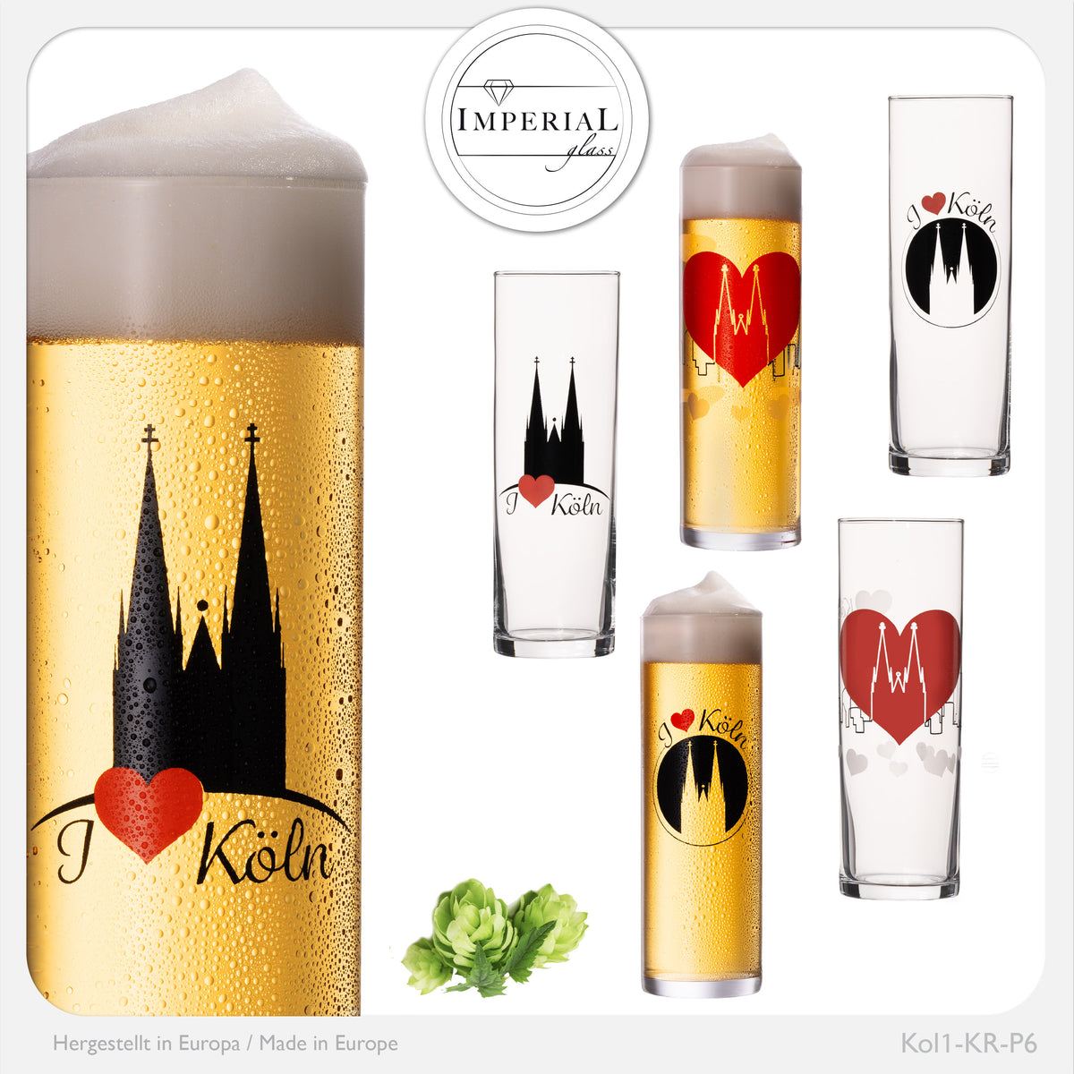 IMPERIAL glass Kölschgläser mit Kölner Dom Motiven Set 6-Teilig 200ml (max. 240ml) Kölschstangen aus Glas