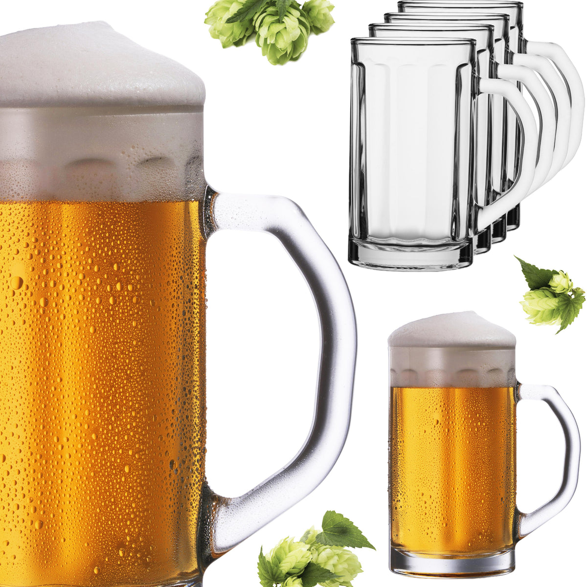 PLATINUX Zestaw 6 kufli do piwa ze szkła z uchem o pojemności 500ml (max. 650ml)