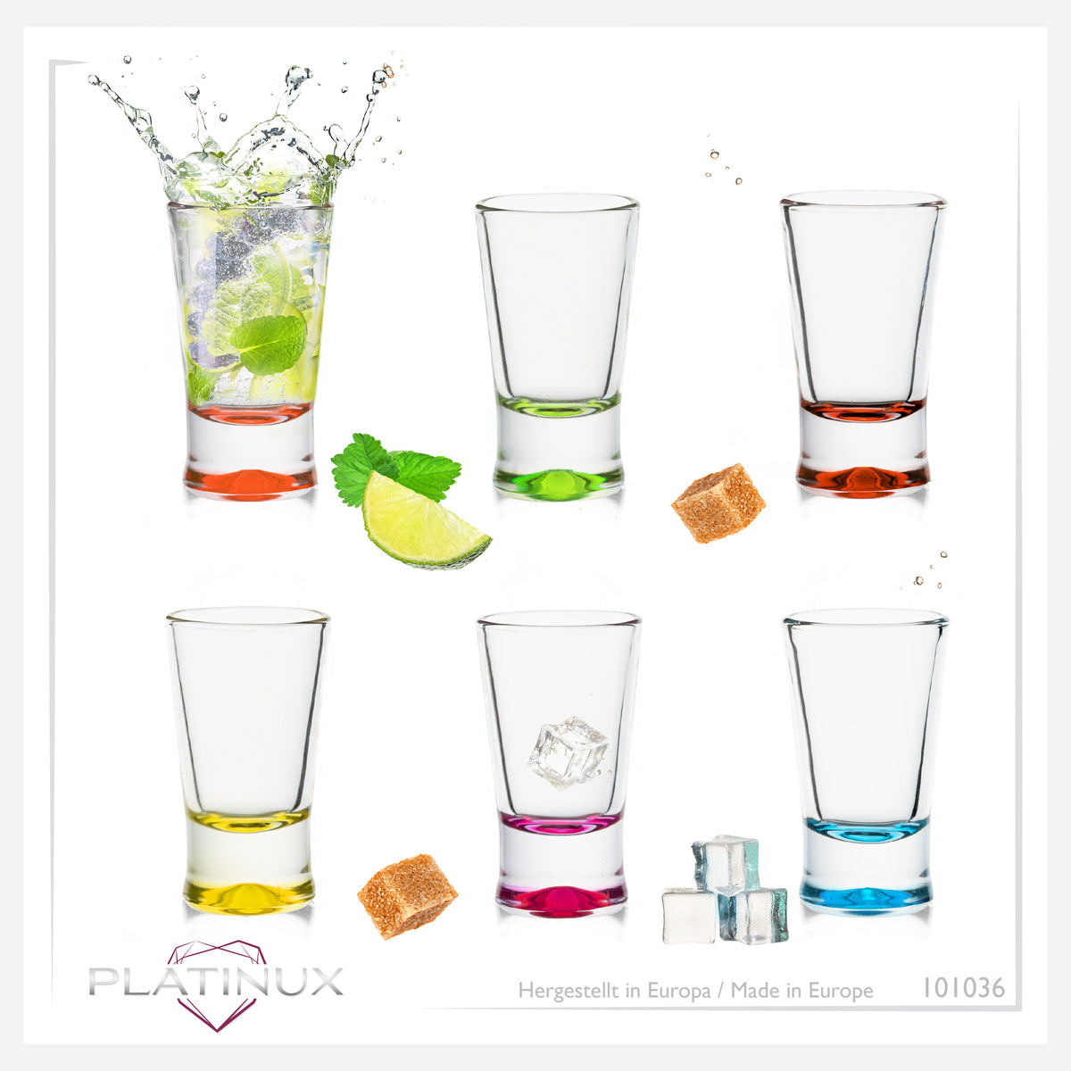 PLATINUX Zestaw 6 różnokolorowych kieliszków do wódki 2,5cl kieliszki do tequili, wódki, shotów