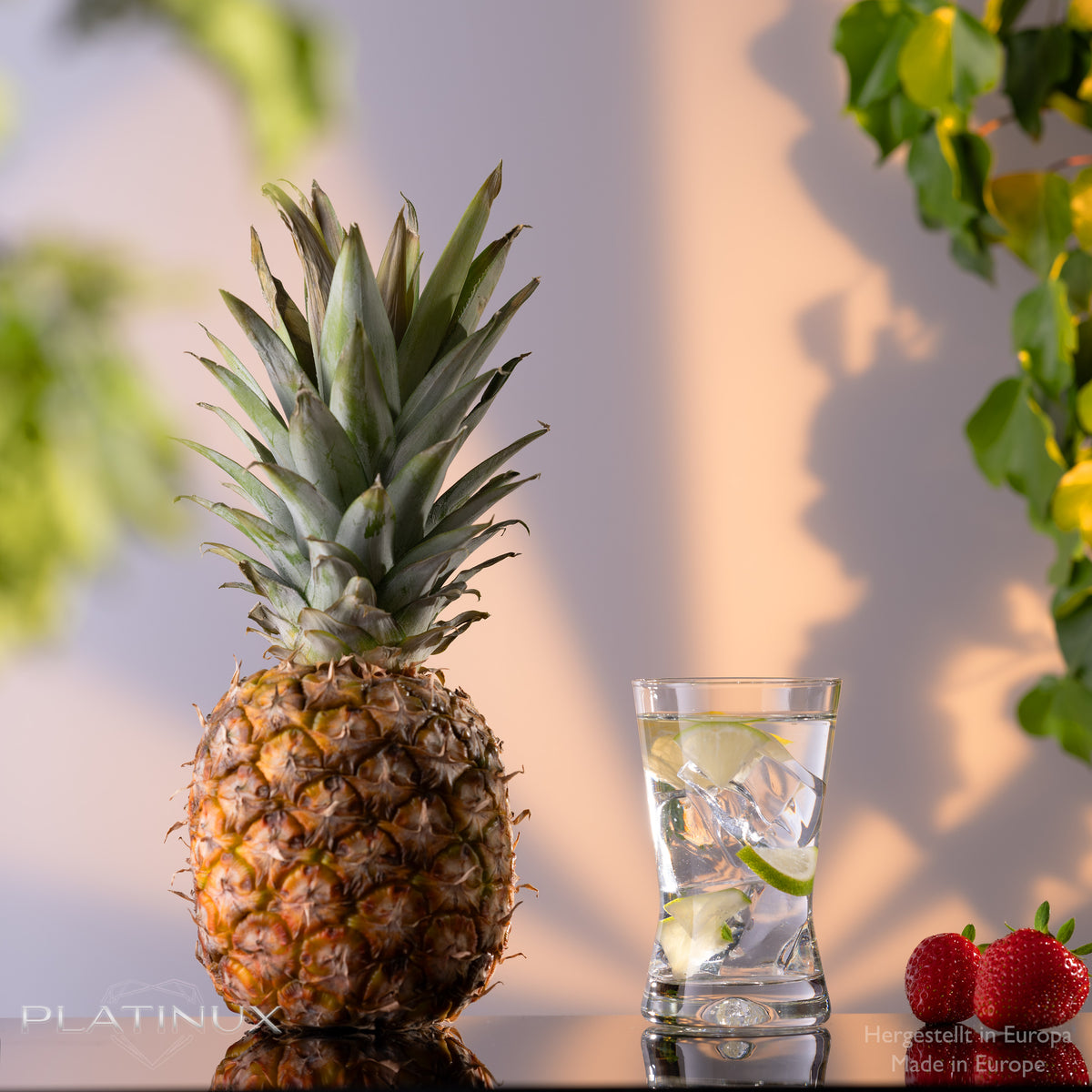 PLATINUX Karafka z korkiem i 6 szklankami w kształcie litery X, 1000 ml / 200 ml ze szkła krystalicznego „CrossLine”, można myć w zmywarce