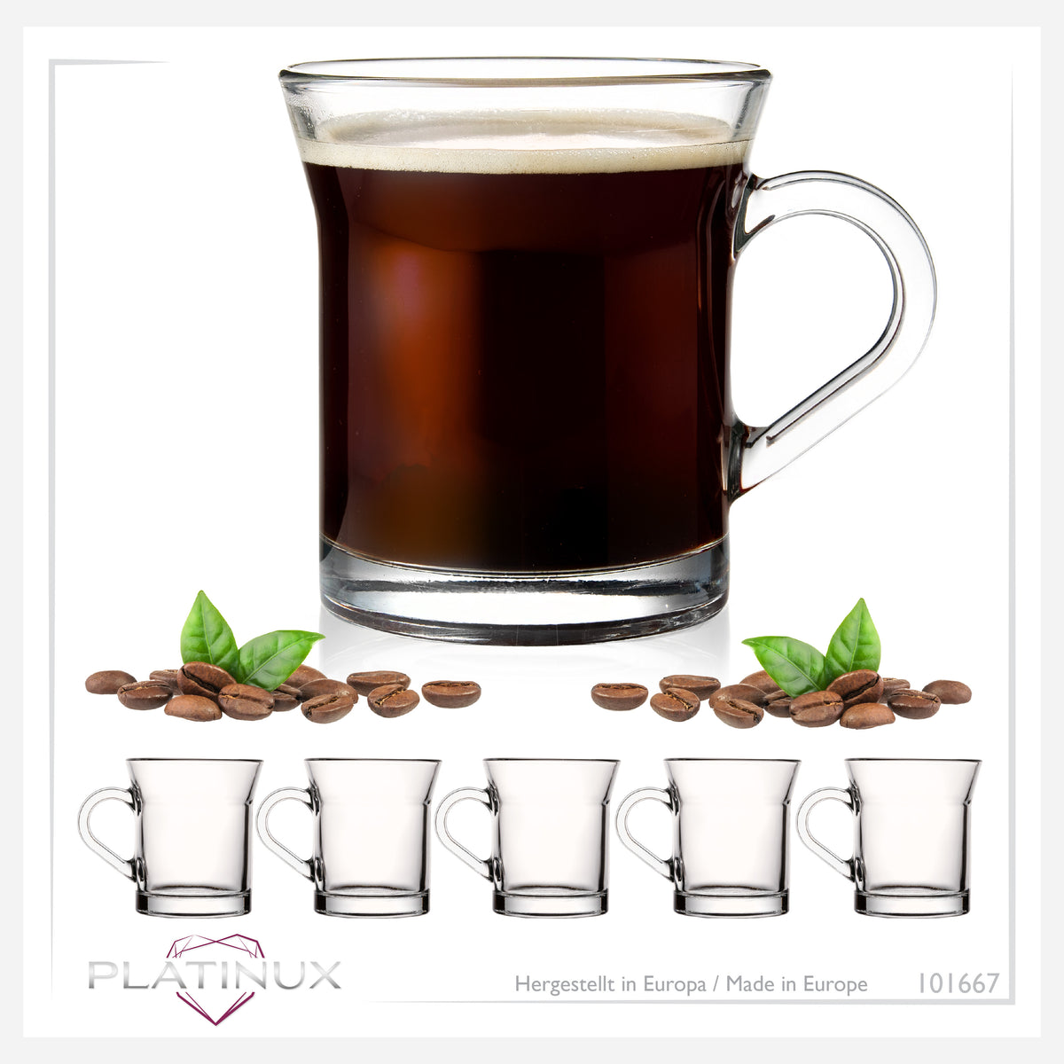 PLATINUX Szklanki do kawy z uchem, szklane 220ml (maks. 280ml) Zestaw 6 sztuk Szklanki do herbaty