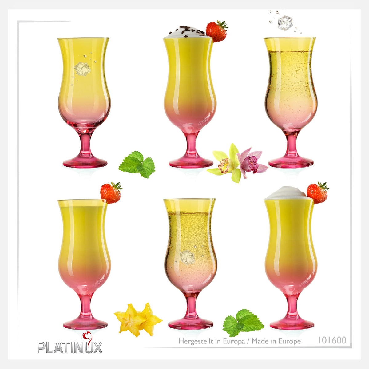PLATINUX Kieliszki koktajlowe żółto-różowe szklane zestaw 6 sztuk 400ml (max.470ml) Szklanki do long drinków duże