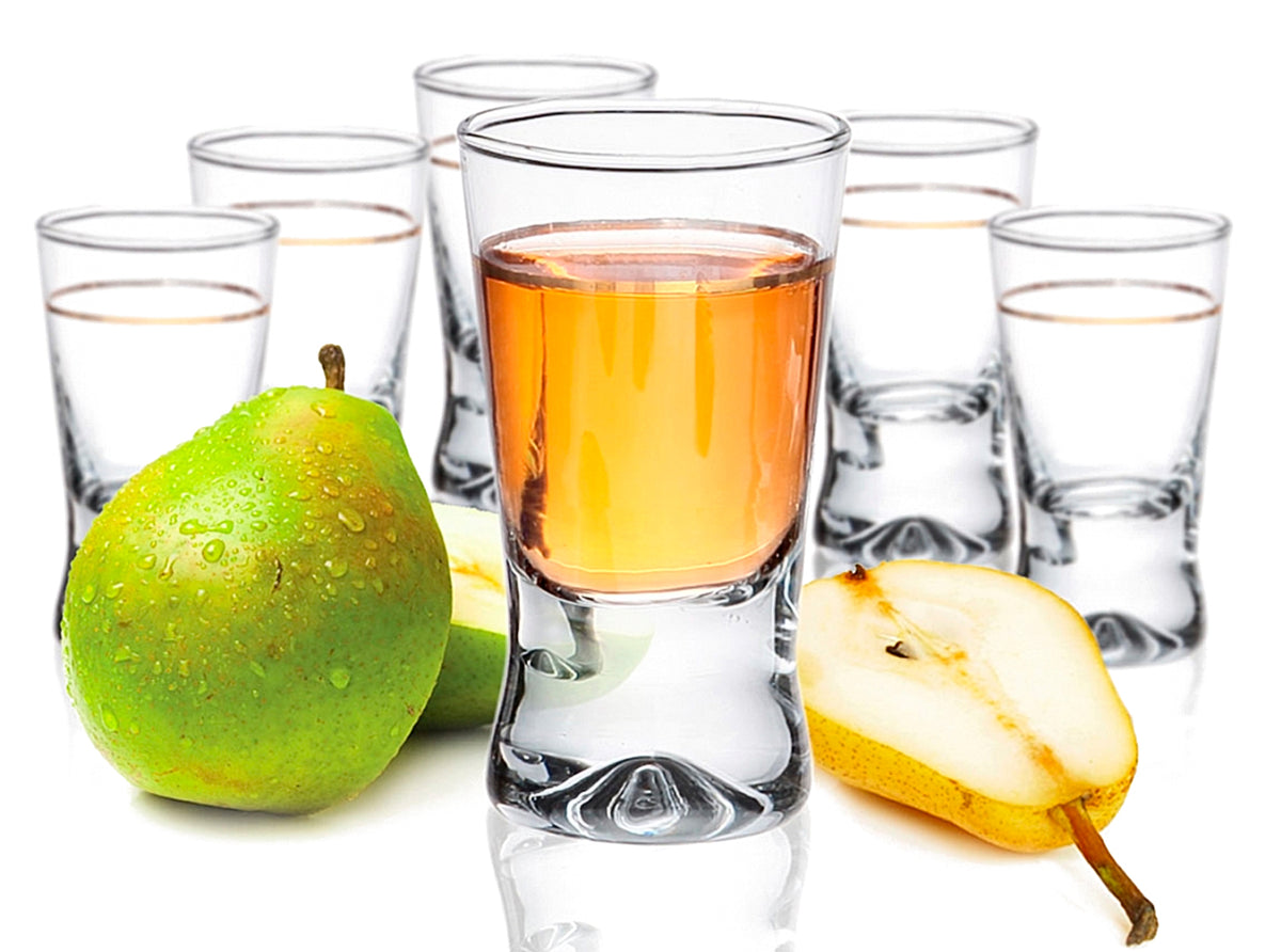 PLATINUX Kieliszki Shot z Złotym Wzorem, Zestaw 6 Sztuk, Kieliszki do Wódki 2,5cl, Szklane Pino