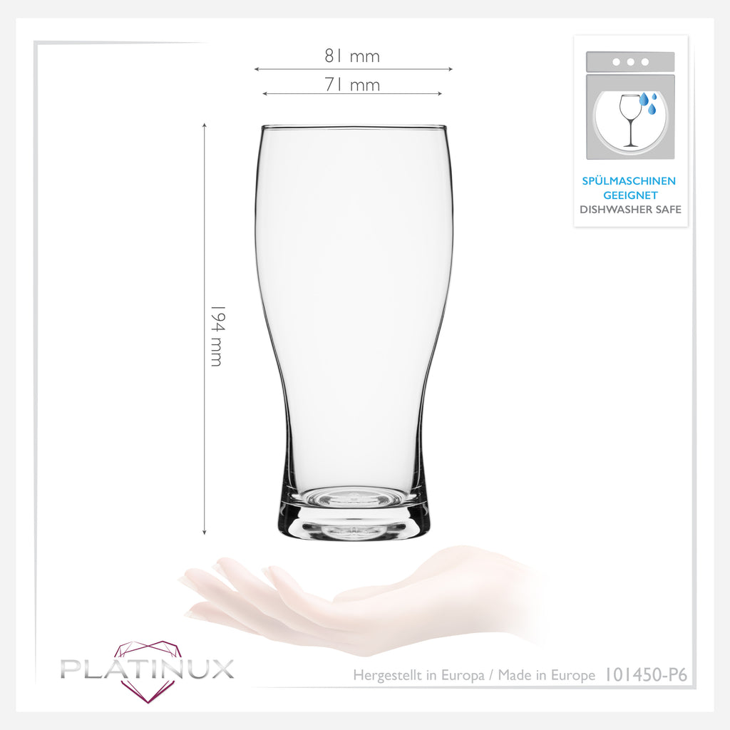 PLATINUX Szklanki do piwa 500ml (maks. 640ml) Zestaw 6-częściowy Kufle do piwa Szklanki do piwa pszenicznego 0,5L Szkło