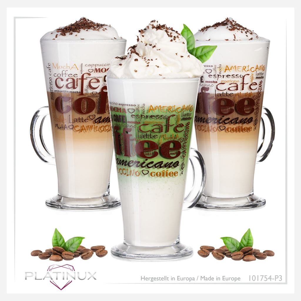 PLATINUX Szklanki do kawy z motywem, maks. 280 ml, 3-częściowy zestaw, szklane, do latte macchiato, z uchem, szklanki do cappuccino
