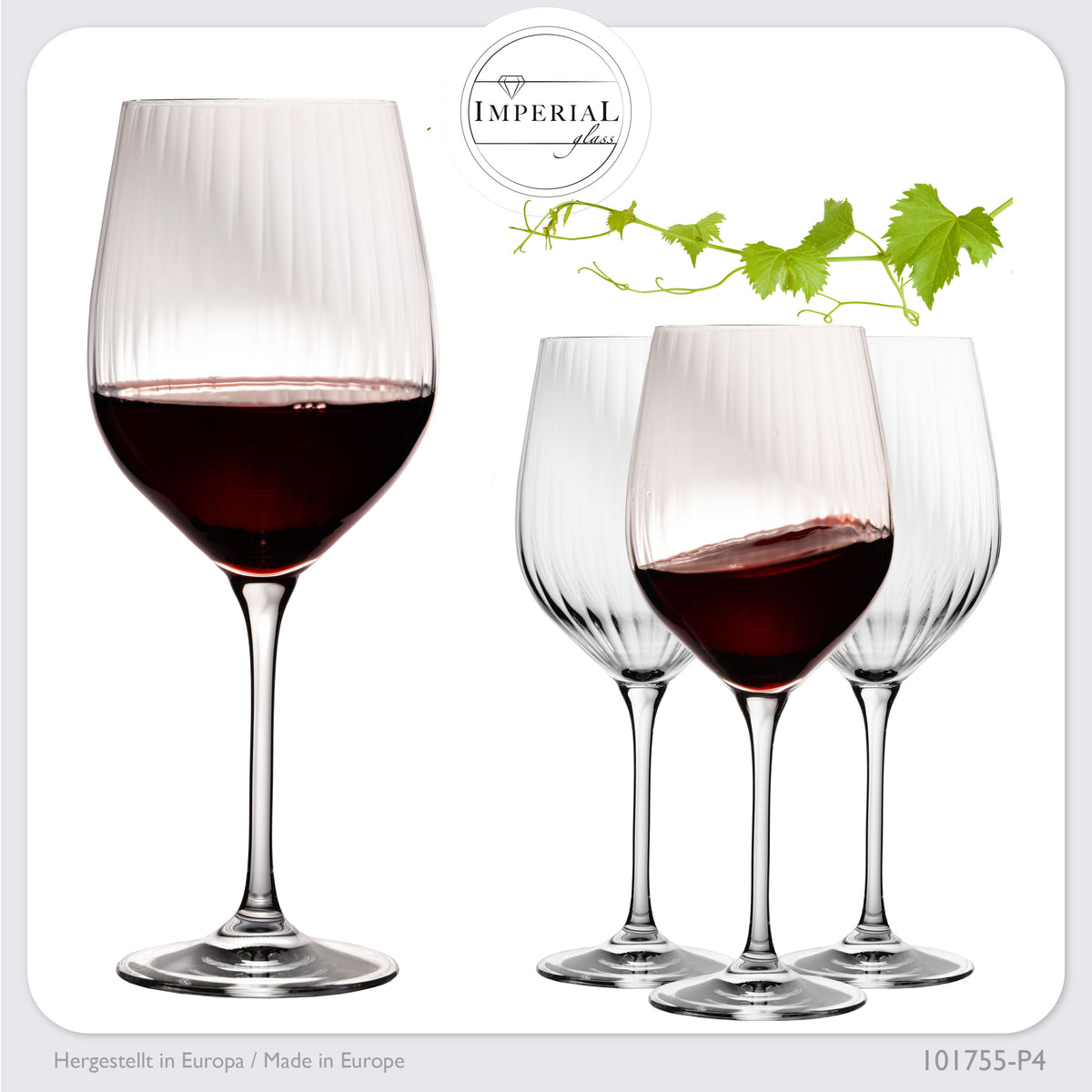 IMPERIAL glass Rotweingläser 450ml "London" Set 4-Teilig geriffelte Weingläser aus Crystalline Glas Universalweingläser