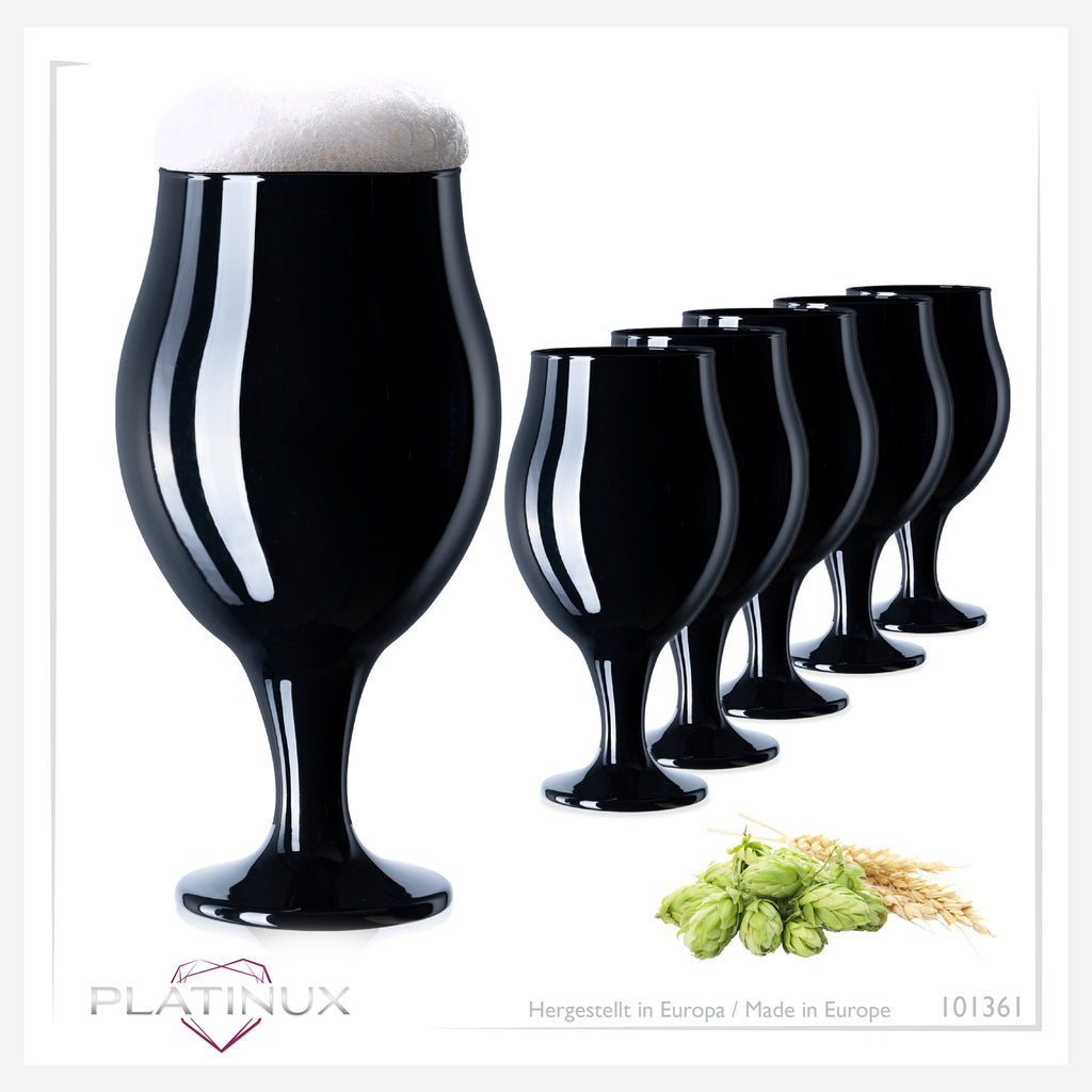 PLATINUX Czarne szklanki do piwa w kształcie tulipana, zestaw 6 sztuk, 450 ml (maks. 550 ml), szklane