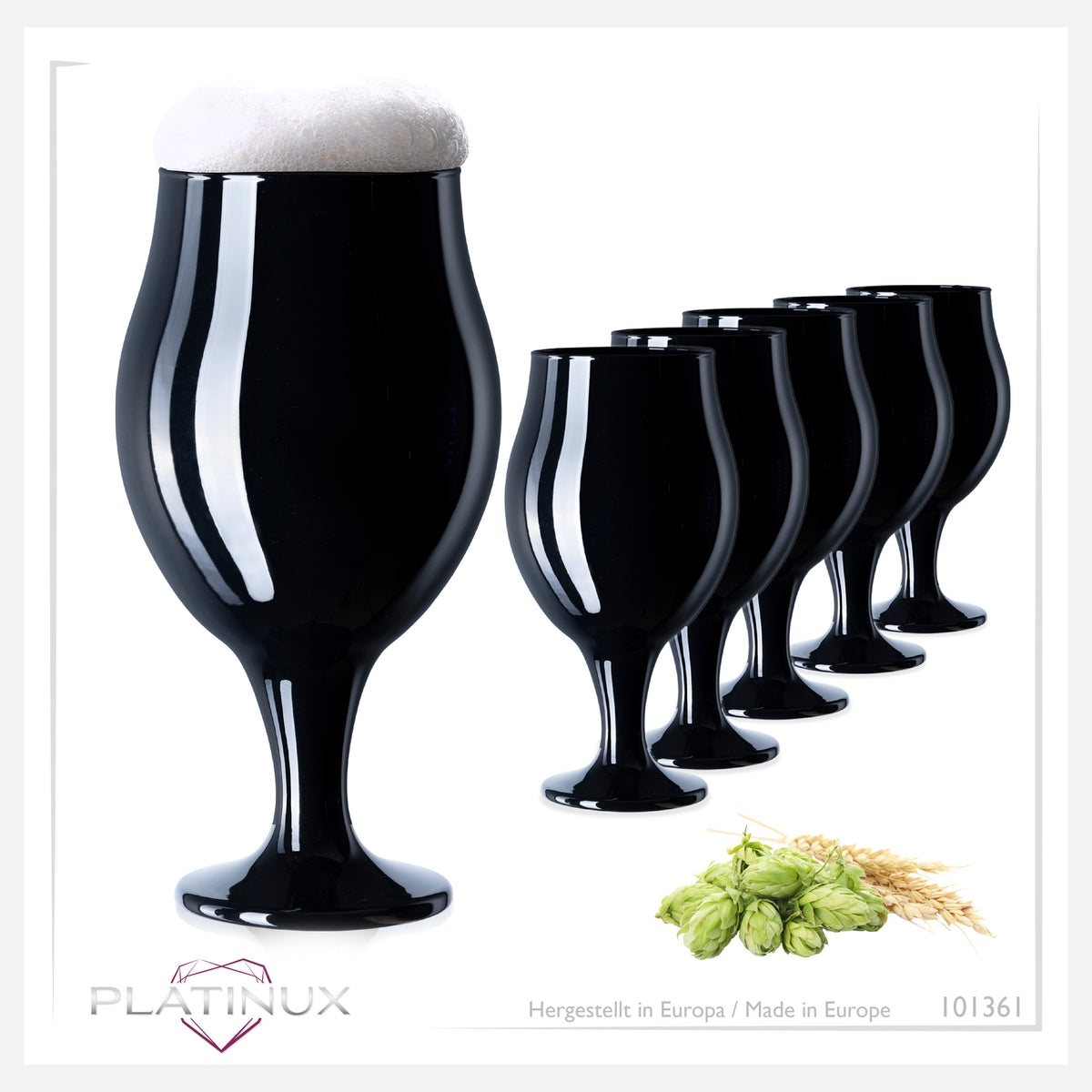 PLATINUX Czarne szklanki do piwa w kształcie tulipana, zestaw 6 sztuk, 450 ml (maks. 550 ml), szklane