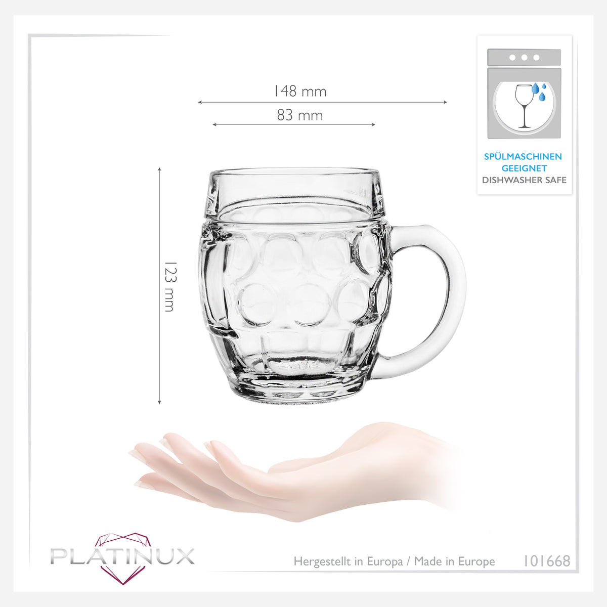 PLATINUX Szklanki do piwa z uchwytem 500ml (max.610ml) szklane, 6-częściowy zestaw, szklanka do piwa, kufel do piwa, kufel z miarką