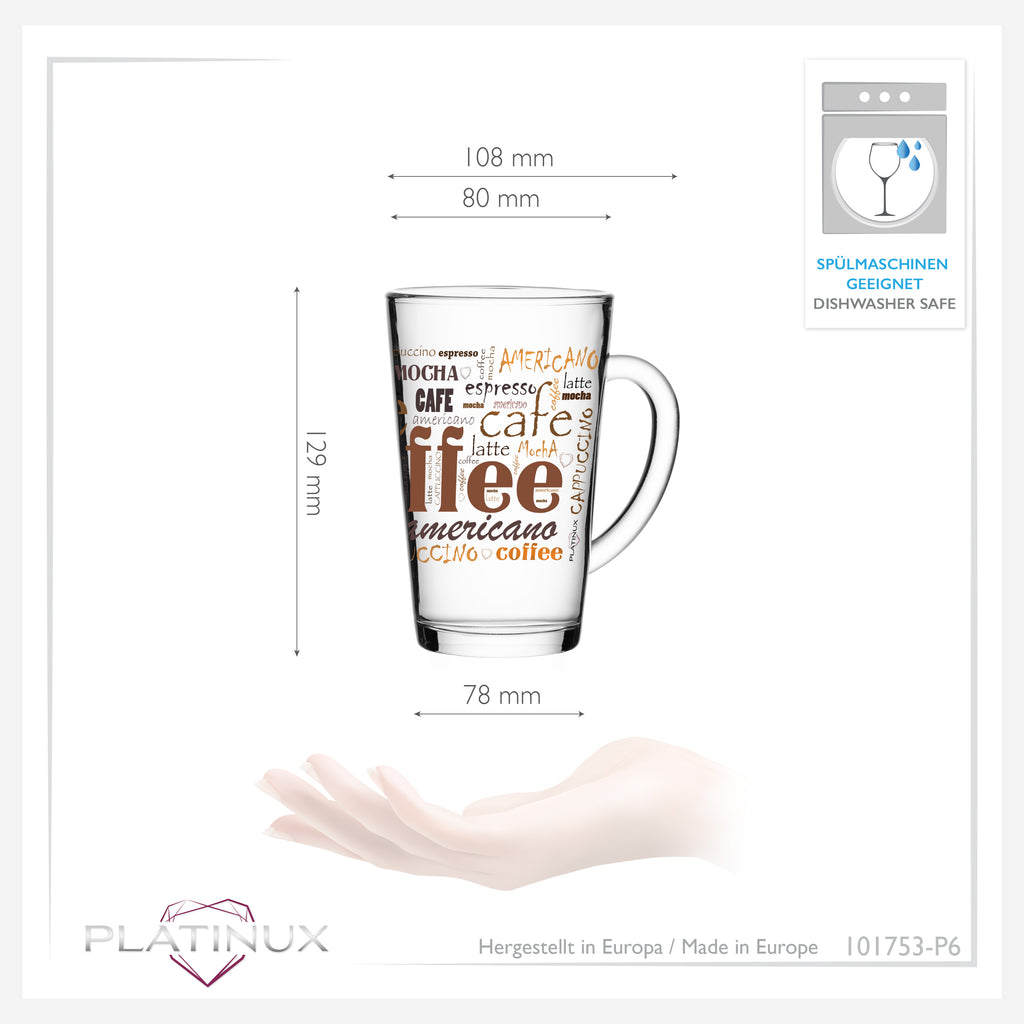 PLATINUX Szklanki do kawy z motywem maks. 350ml, zestaw 6 sztuk, ze szkła, szklanki do Latte Macchiato z uchem, szklanki do Cappuccino