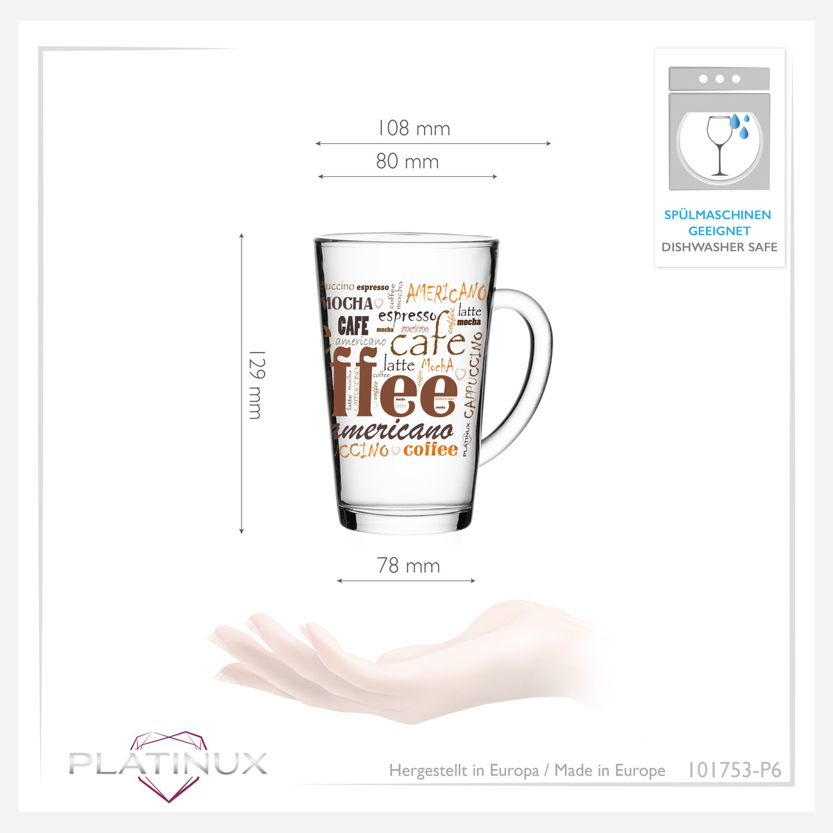 PLATINUX Szklanki do kawy z motywem maks. 350ml, zestaw 6 sztuk, ze szkła, szklanki do Latte Macchiato z uchem, szklanki do Cappuccino