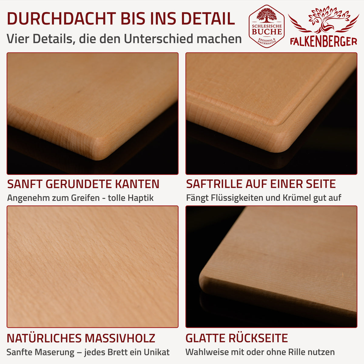 FALKENBERGER Frühstücksbrettchen 10er Set massive Buche, 24 × 14 × 1,6 cm Handgefertigt