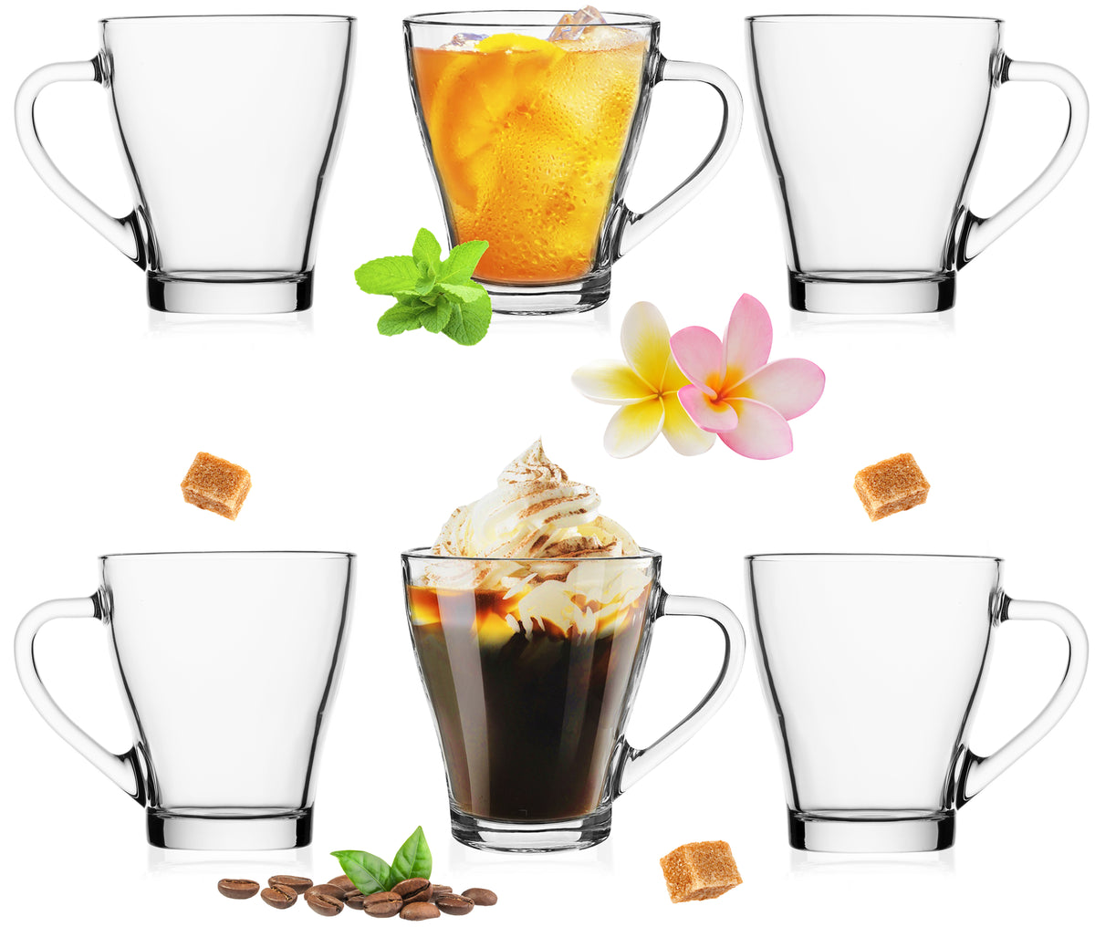 PLATINUX Szklanki do kawy, szklanki do herbaty z uchem, maks. 270 ml, zestaw 6 sztuk, szklane, do śniadania, szklanki do kawy, szklanki do picia