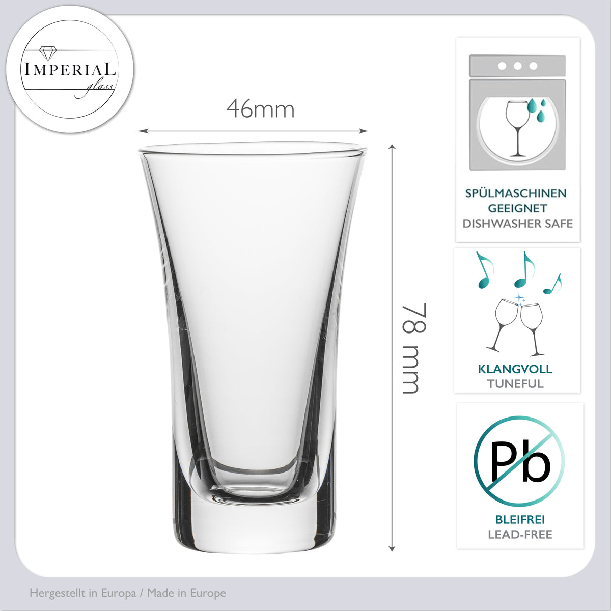 IMPERIAL Szklanki do Shotów Zestaw 6 sztuk 45ml - Kieliszki do wódki z grubym dnem, stożkowe kieliszki do shotów, likierów i tequili, można myć w zmywarce