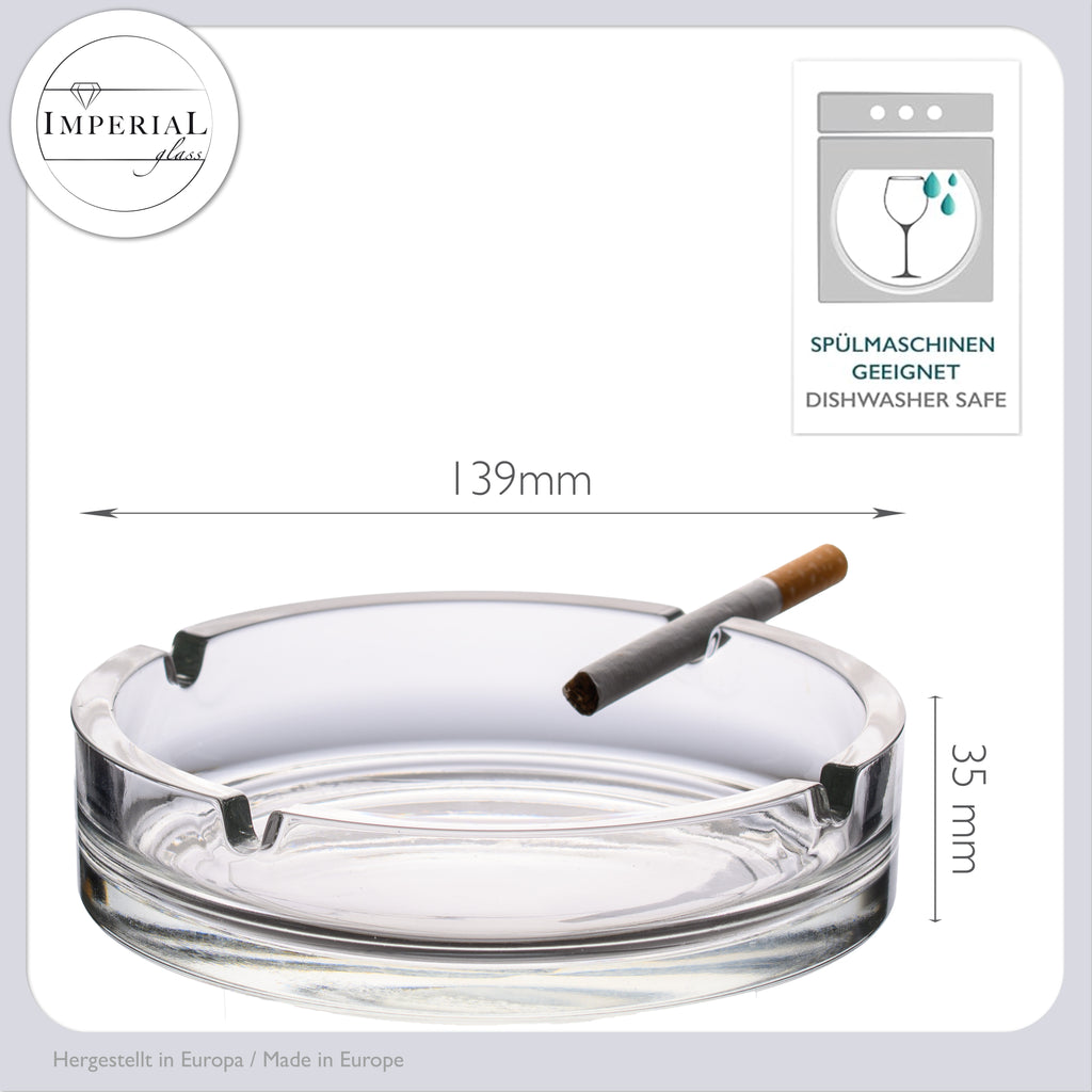 Popielniczka szklana IMPERIAL 2 sztuki - okrągła popielniczka szklana 13,9 cm, ciężka popielniczka stołowa z 4 miejscami na papierosy, przezroczysta popielniczka szklana