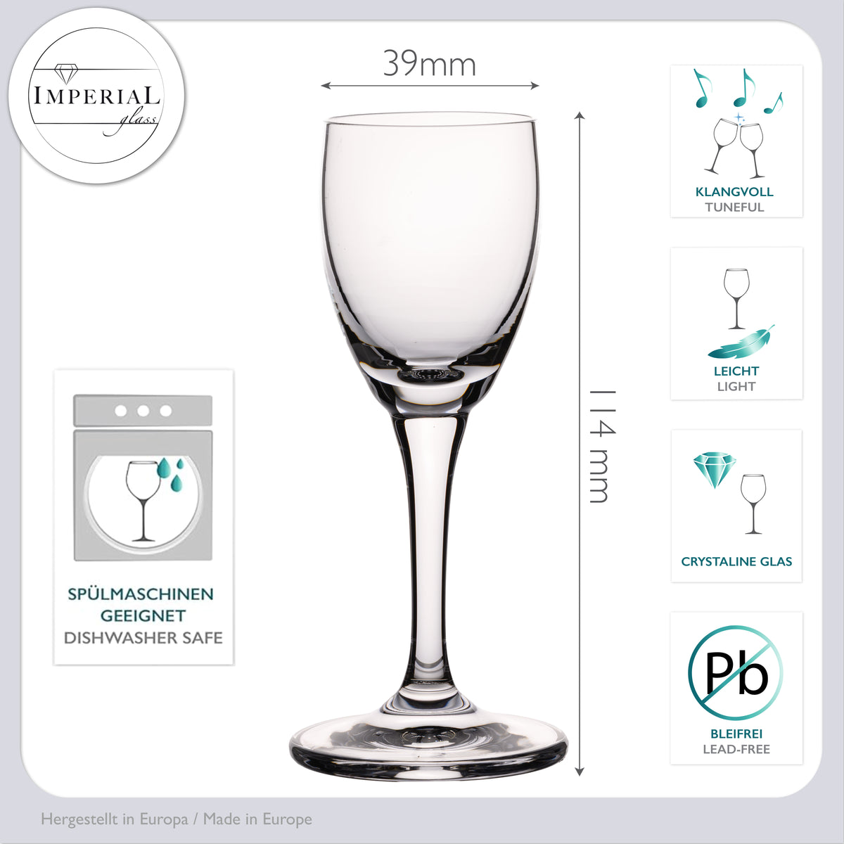 IMPERIAL glass Kieliszki do likieru 6 sztuk 35ml - Kieliszki do wódki na nóżce, kieliszki do shotów ze szkła krystalicznego, można myć w zmywarce