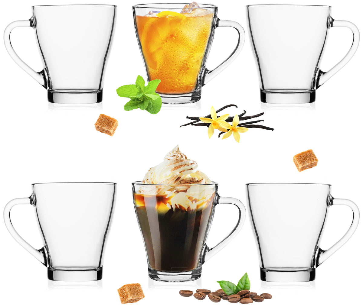 PLATINUX Szklanki do kawy z uchem Zestaw 6-częściowy 320ml (maks. 420ml) ze szkła Szklanka do herbaty