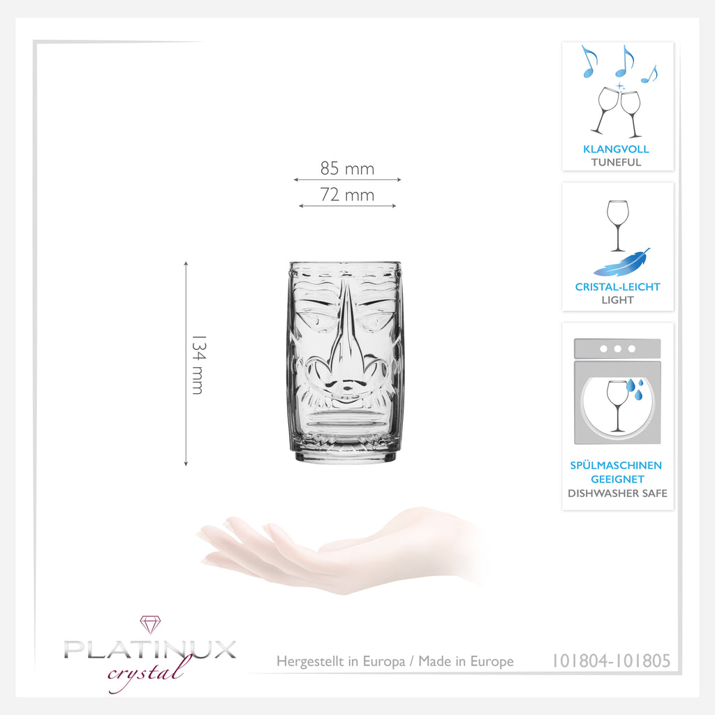 PLATINUX Tiki Zestaw 4 szklanek, szklane 350ml (maks. 450ml) 2 twarze, do koktajli, do napojów