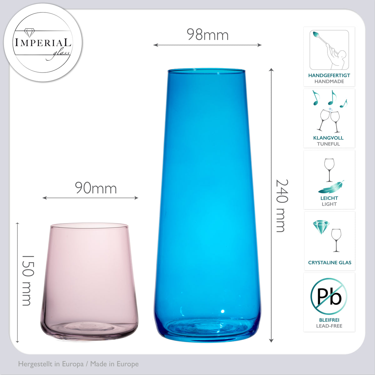 IMPERIAL glass Blaue Wasserkaraffe Set mit 4 farbigen Trinkgläsern aus Crystalline Glas 5-teilig