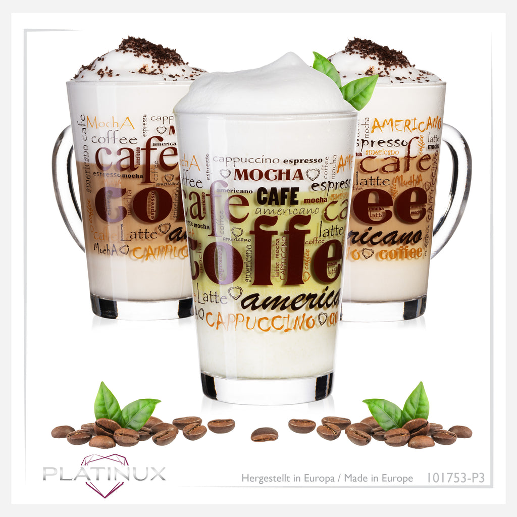 PLATINUM Szklanki do kawy z motywem maks. 350ml, zestaw 3-częściowy, szklanki ze szkła do Latte Macchiato z uchwytem, szklanki do Cappuccino