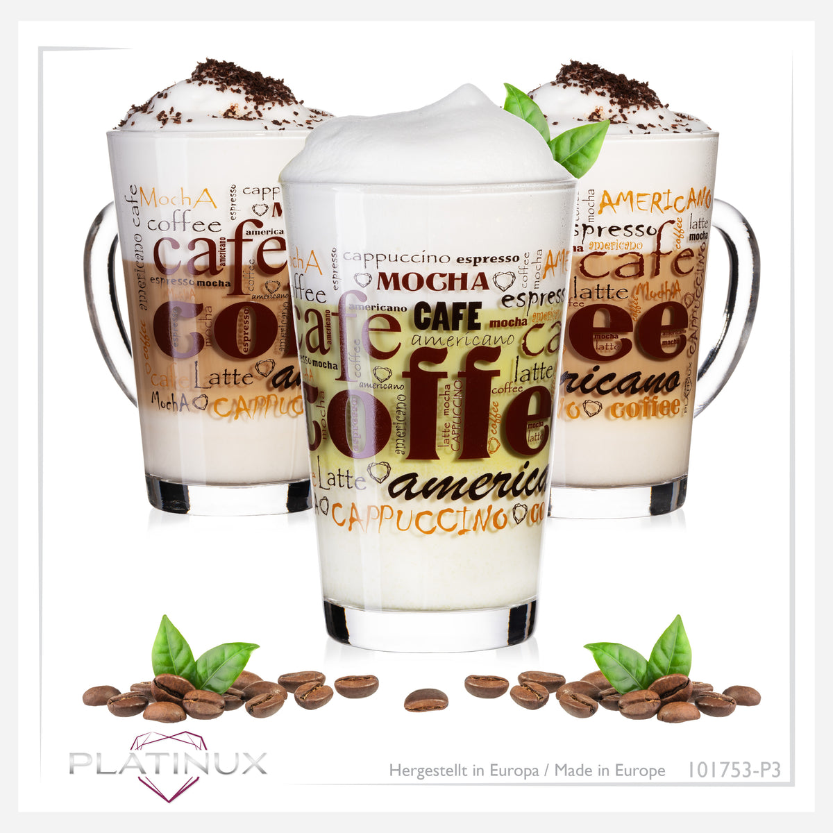 PLATINUM Szklanki do kawy z motywem maks. 350ml, zestaw 3-częściowy, szklanki ze szkła do Latte Macchiato z uchwytem, szklanki do Cappuccino
