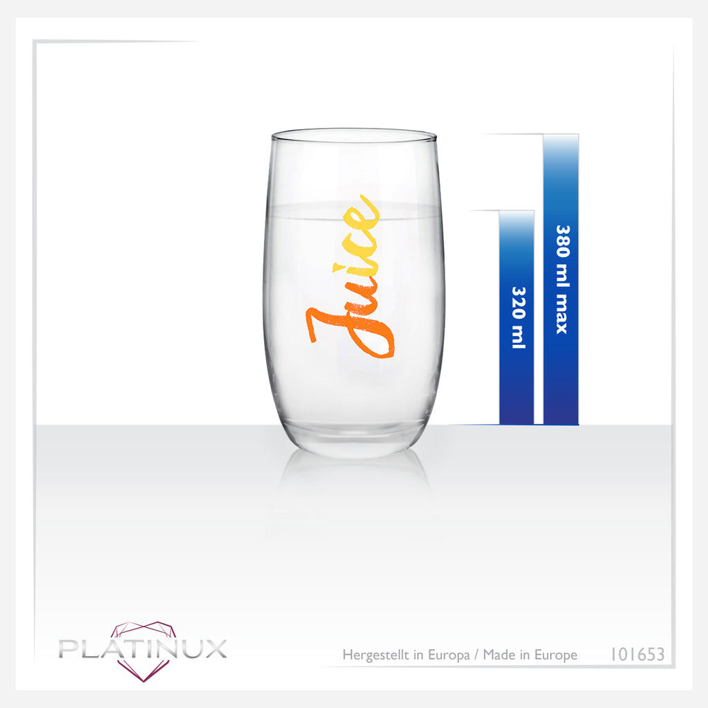 PLATINUX Eleganckie wysokie szklanki z nadrukiem soku 320ml (max. 380ml) Zestaw 6-częściowy szklany