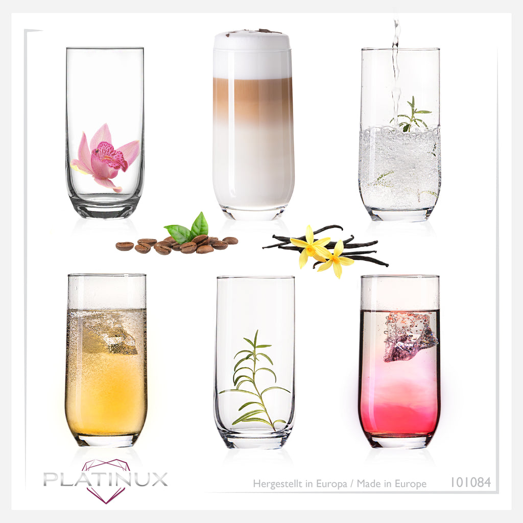 PLATINUX Eleganckie szklanki do picia 360ml (maks. 440ml) Zestaw 6 sztuk Szklanki na wodę Szklanki na sok
