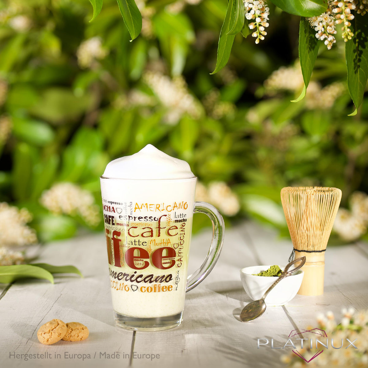 PLATINUM Szklanki do kawy z motywem maks. 350ml, zestaw 3-częściowy, szklanki ze szkła do Latte Macchiato z uchwytem, szklanki do Cappuccino