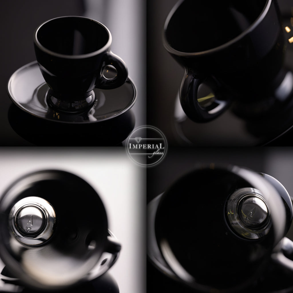 PLATINUX Zestaw filiżanek do espresso – 2 czarne szklanki do espresso ze spodkami szklane 93 ml – Szklanki do kawy Filiżanki