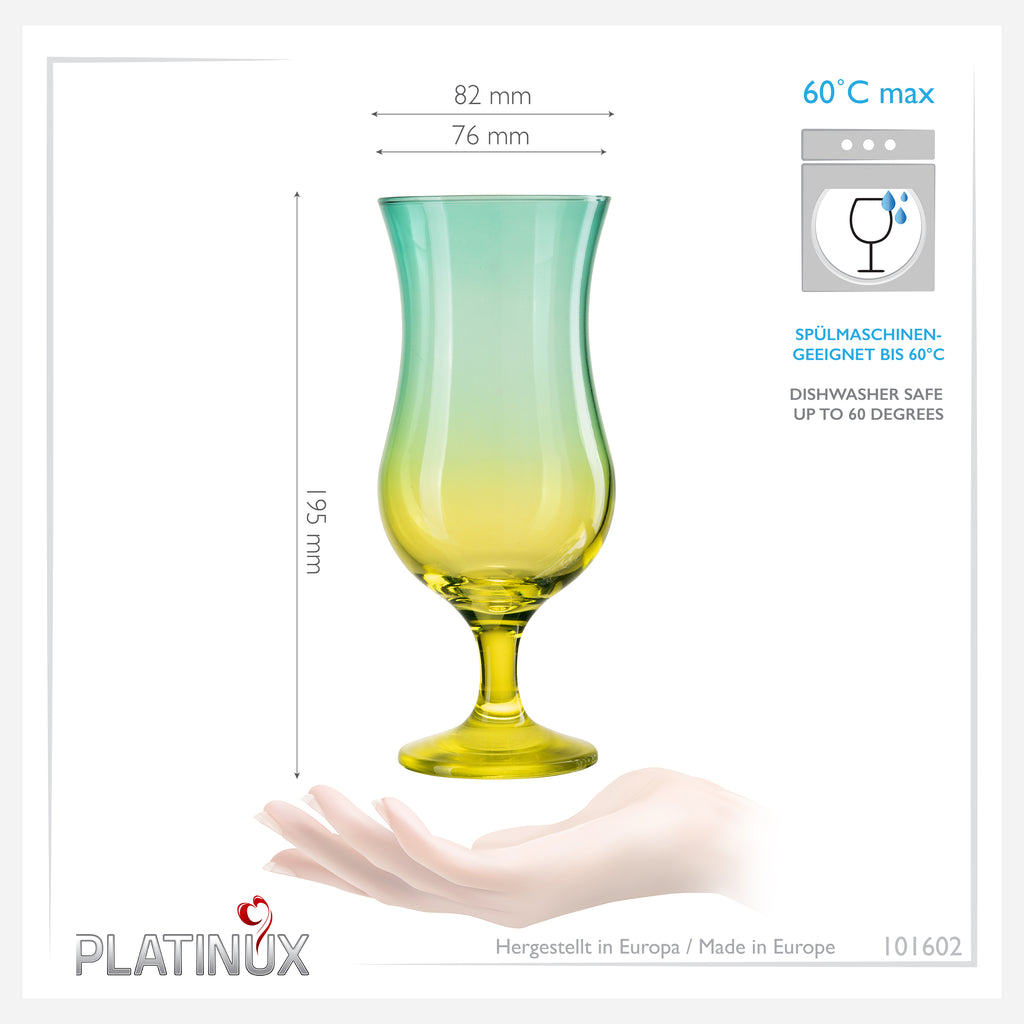 PLATINUX Szklanki koktajlowe zielono-żółte, szklane, zestaw 6 sztuk 400ml (maks. 470ml), duże szklanki do long drinków