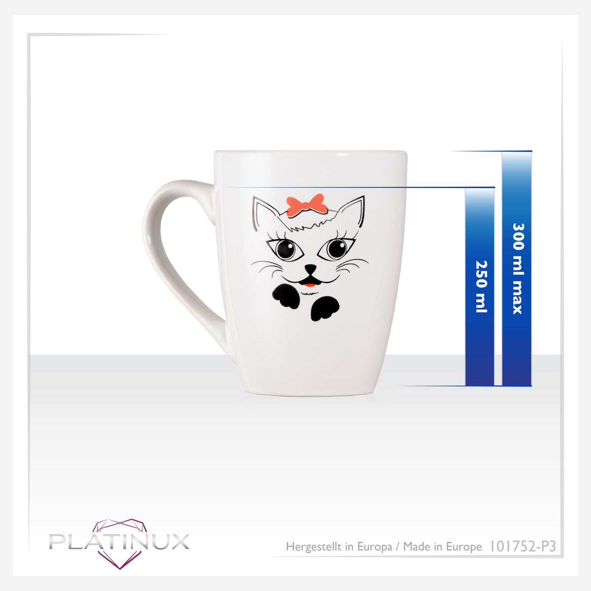 PLATINUX Zestaw 3 filiżanek do kawy z uchwytem z motywem kota, kubek do herbaty 250 ml