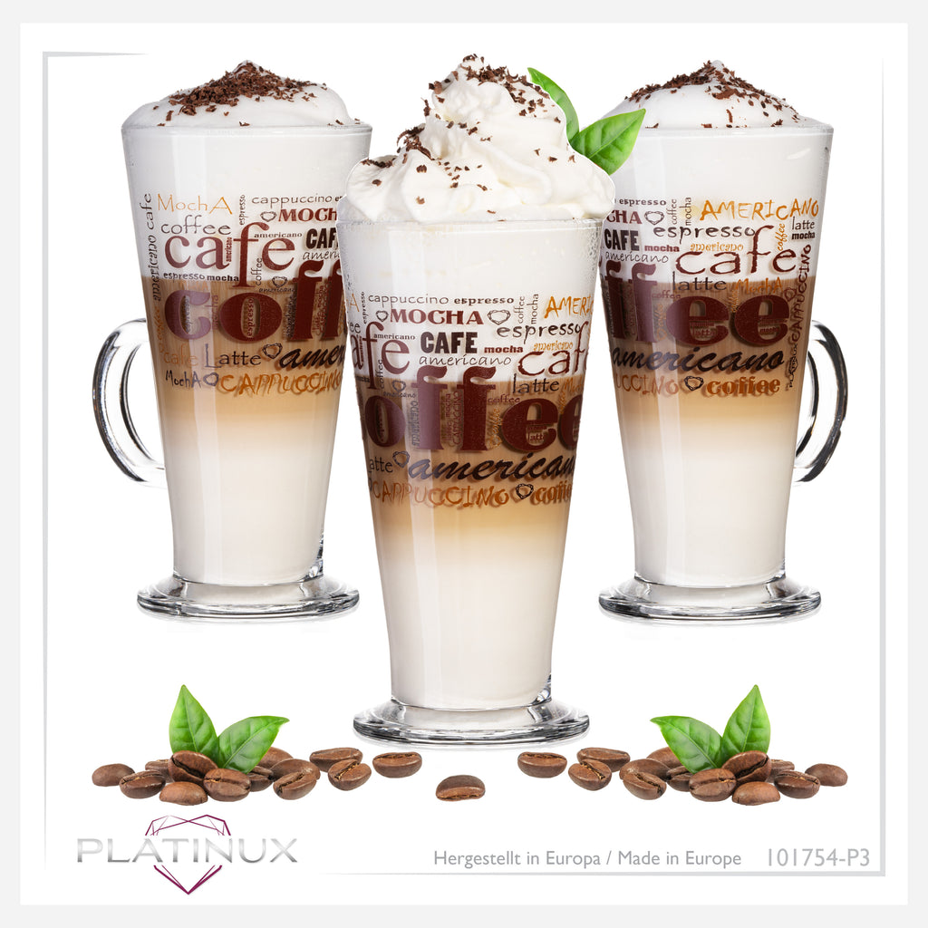PLATINUX Szklanki do kawy z motywem, maks. 280 ml, 3-częściowy zestaw, szklane, do latte macchiato, z uchem, szklanki do cappuccino