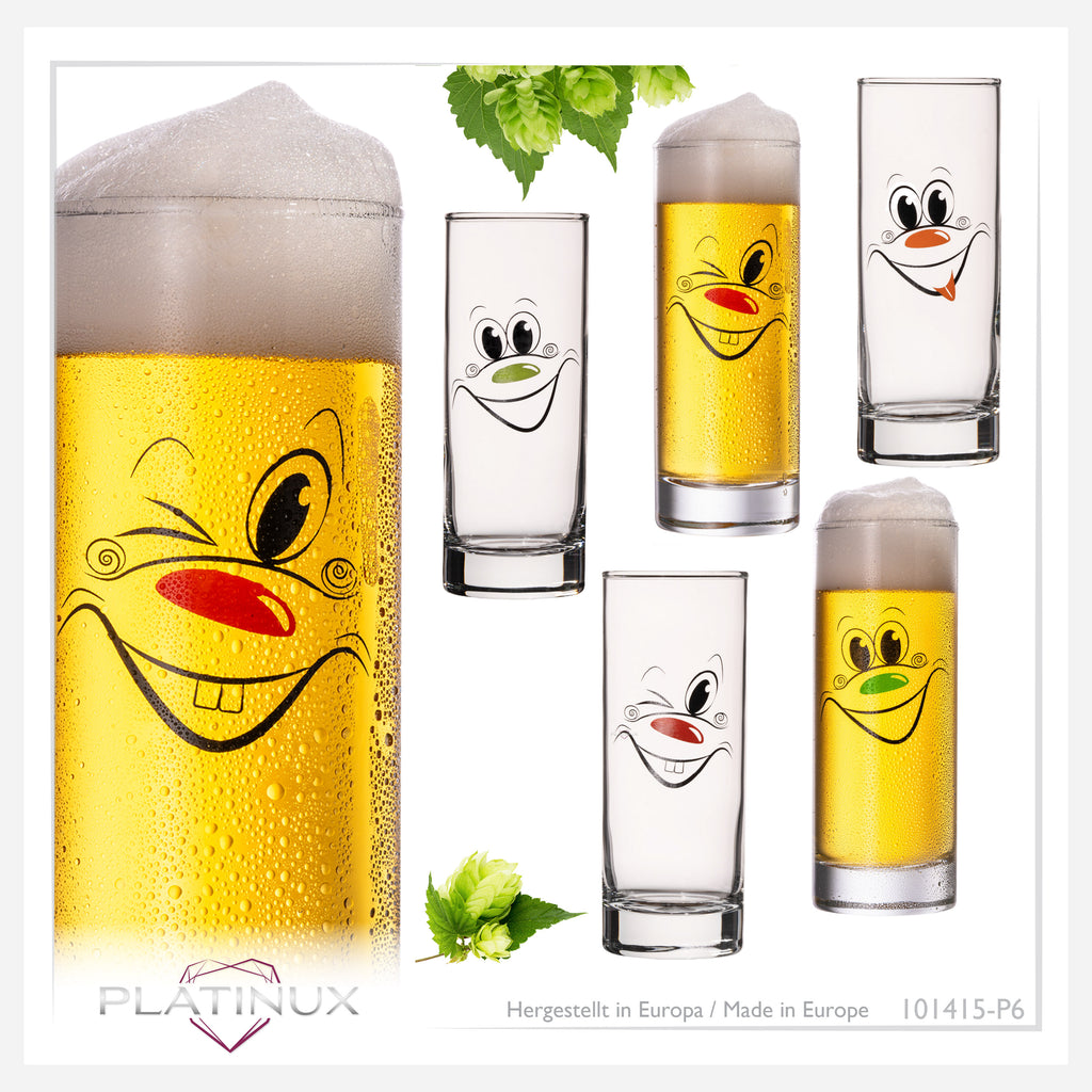 PLATINUX Szklanki do Kölscha szklane 300ml (max. 335ml) Zestaw 6-częściowy z zabawnymi buźkami Szklanki do piwa