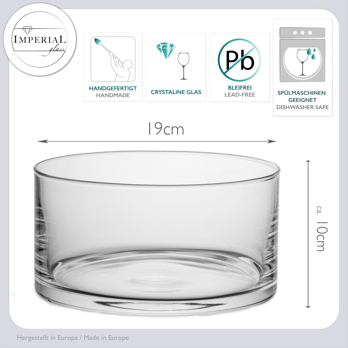 IMPERIAL glass Szklana miska 19cm, miska na owoce i salaterka z kryształowego szkła, ręcznie wykonana, nadaje się do mycia w zmywarce