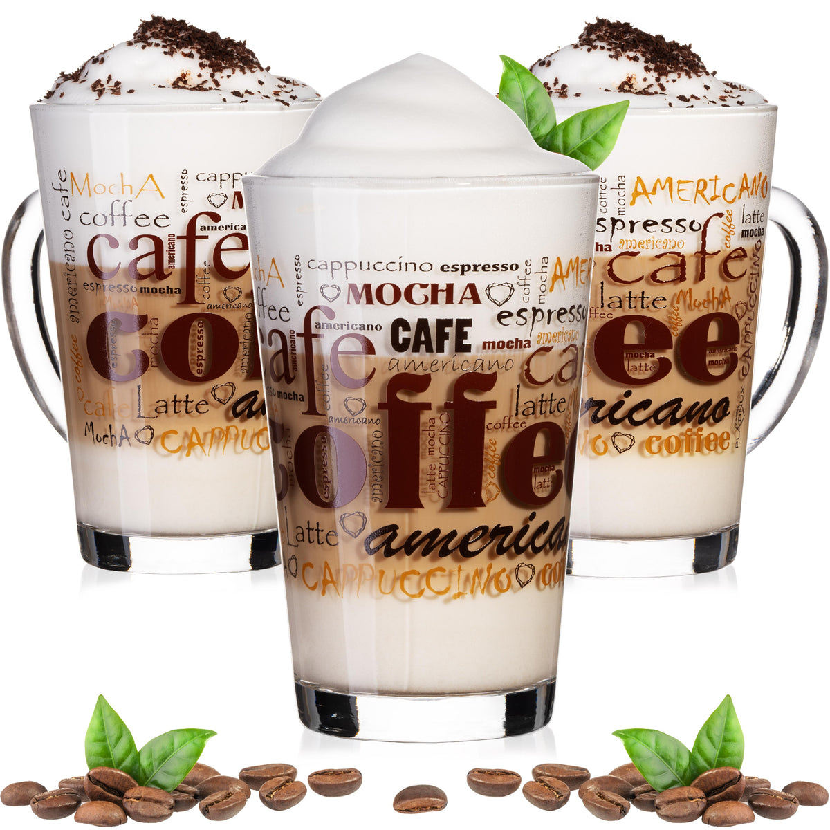 PLATINUM Szklanki do kawy z motywem maks. 350ml, zestaw 3-częściowy, szklanki ze szkła do Latte Macchiato z uchwytem, szklanki do Cappuccino