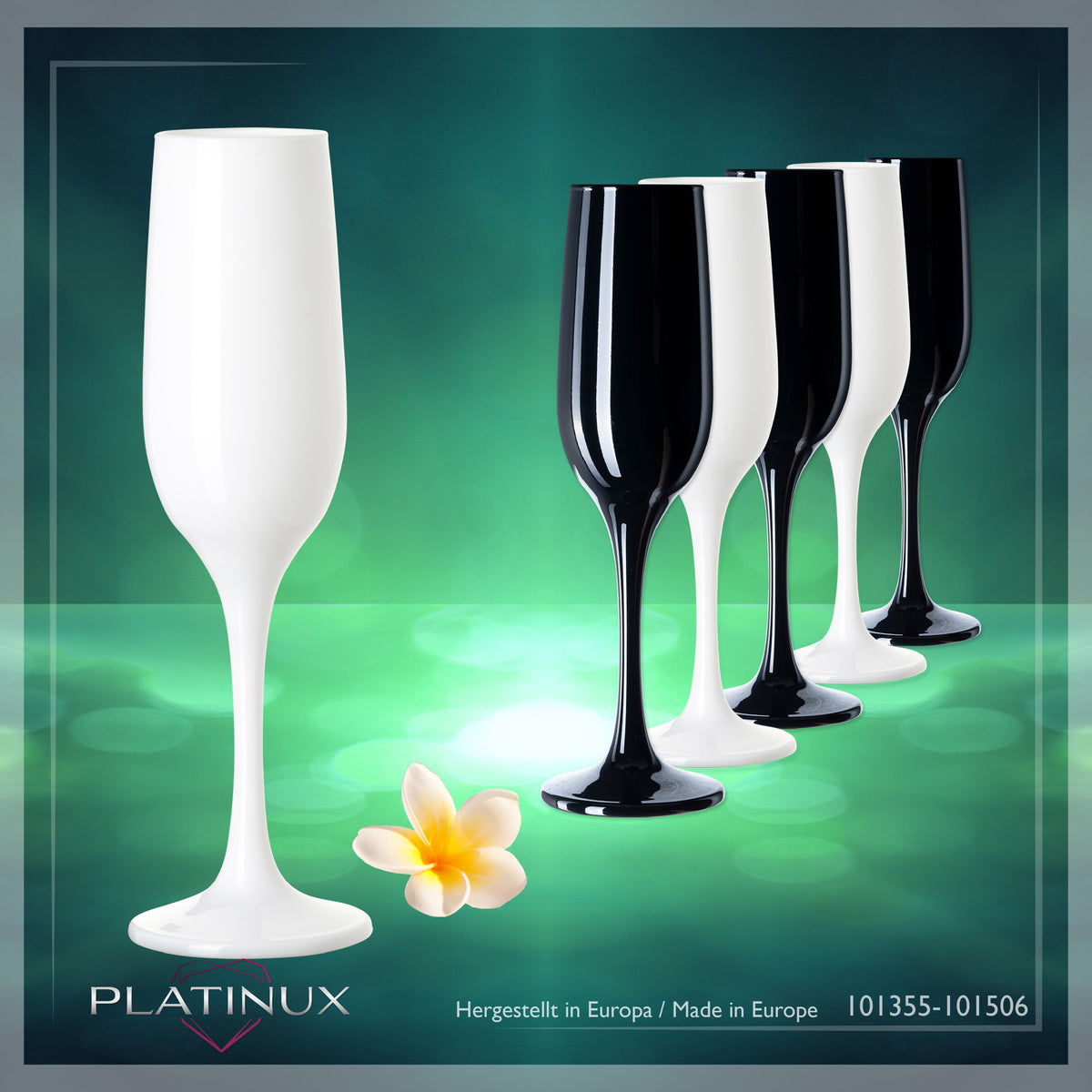 PLATINUX Czarne i Białe stabilne kieliszki do szampana Zestaw 6-częściowy 160ml (maks. 210ml) Szklanki do Prosecco ze szkła